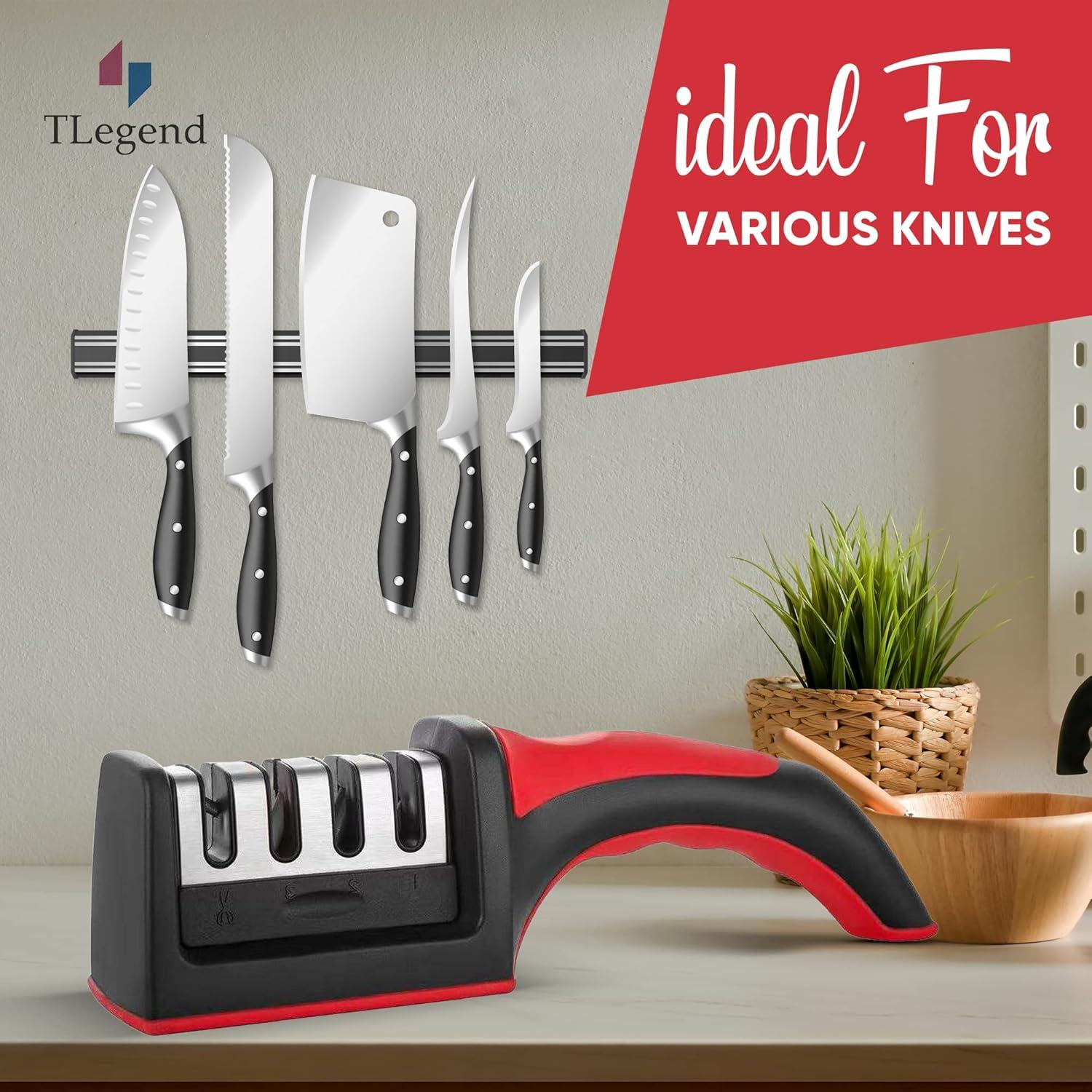 Knife Sharpeners for Kitchen Knives, Stainless Steel 4 in1 Kitchen Knife Sharpener, Ergonomic and Easy to Use Knife Sharpening Kit with 4 Stage Sharpening Slots
