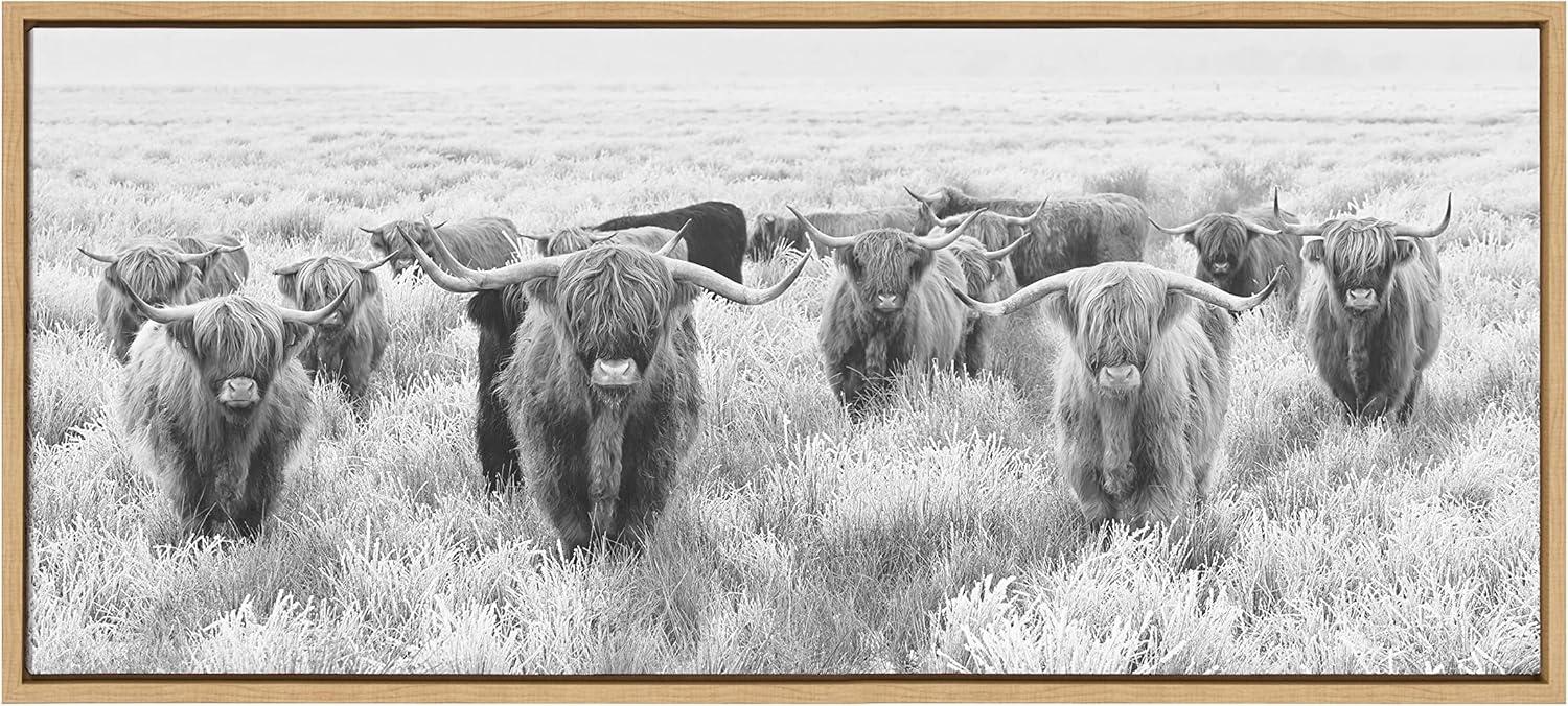 Kate and Laurel Sylvie Herd of Highland Cows Black and White Framed Canvas by The Creative Bunch Studio