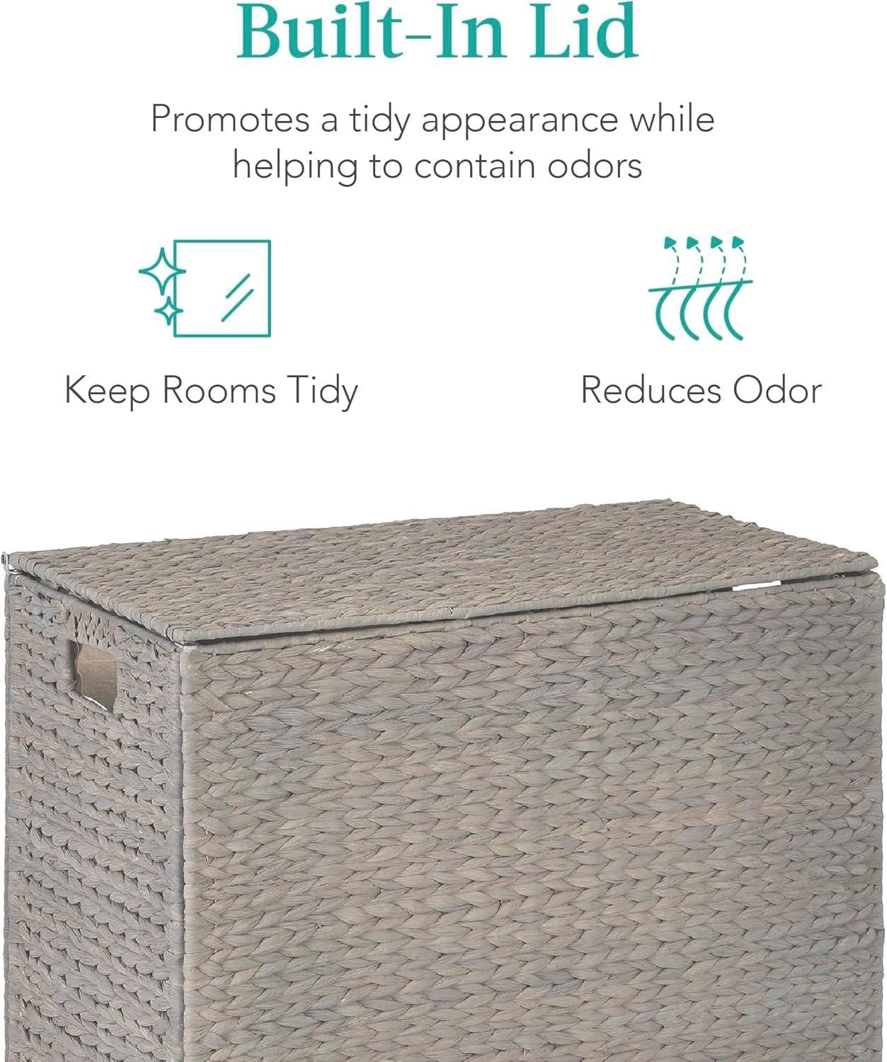 Best Choice Products Large Natural Water Hyacinth Double Laundry Hamper Basket w/ 2 Liner Bags, Handles - Gray