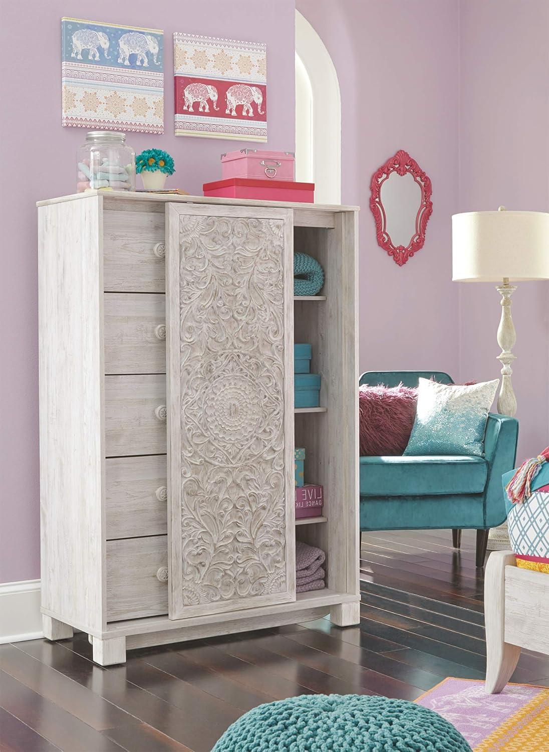 Paxberry Dressing Chest White Wash - Signature Design by Ashley: Boho-Chic 5-Drawer Storage, Carved Sliding Door