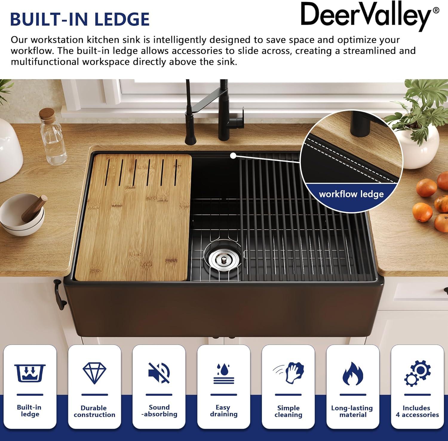33"L x 20"W Farmhouse Kitchen Sink Deep Single Bowl Fireclay Workstation Sink with Cutting Board and Dish Drying Rack