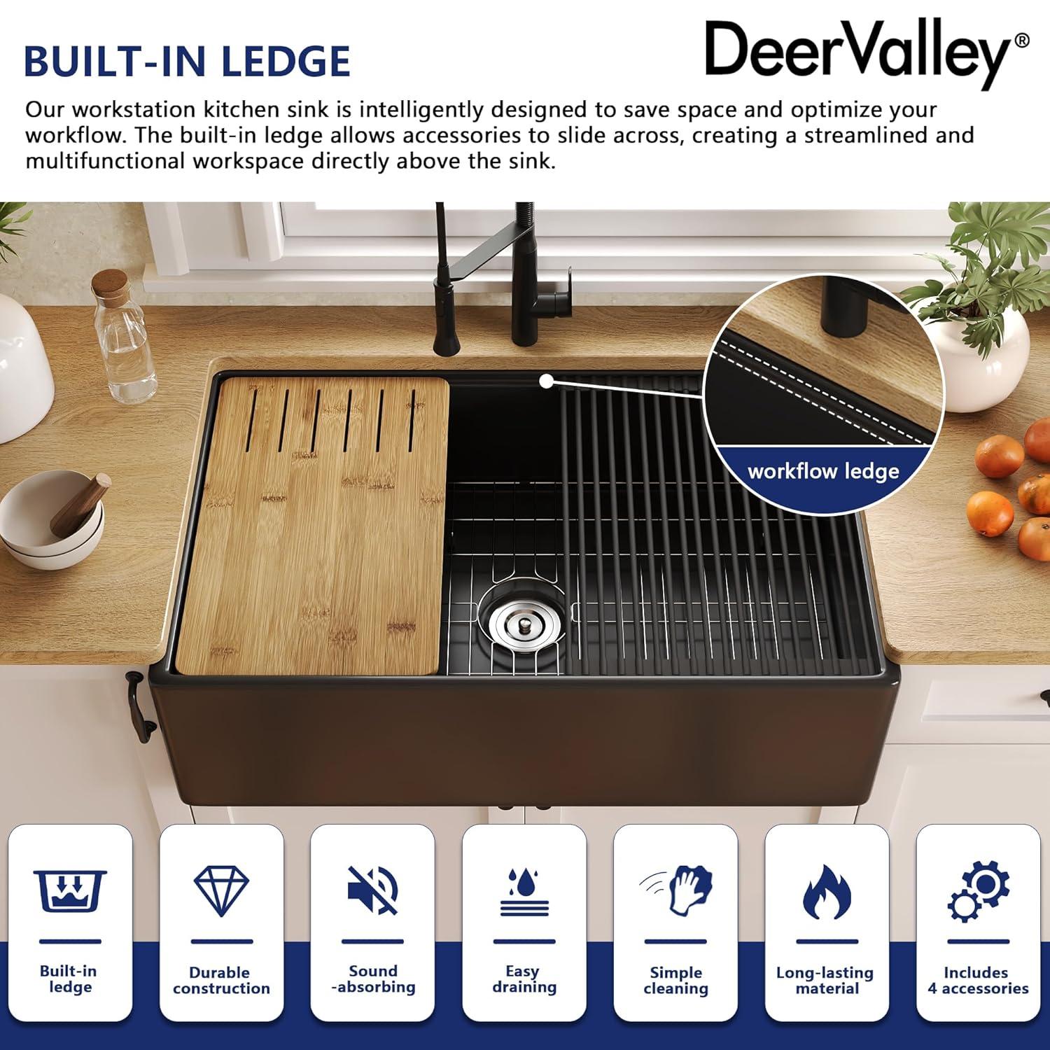 33"L x 20"W Farmhouse Kitchen Sink Deep Single Bowl Fireclay Workstation Sink with Cutting Board and Dish Drying Rack