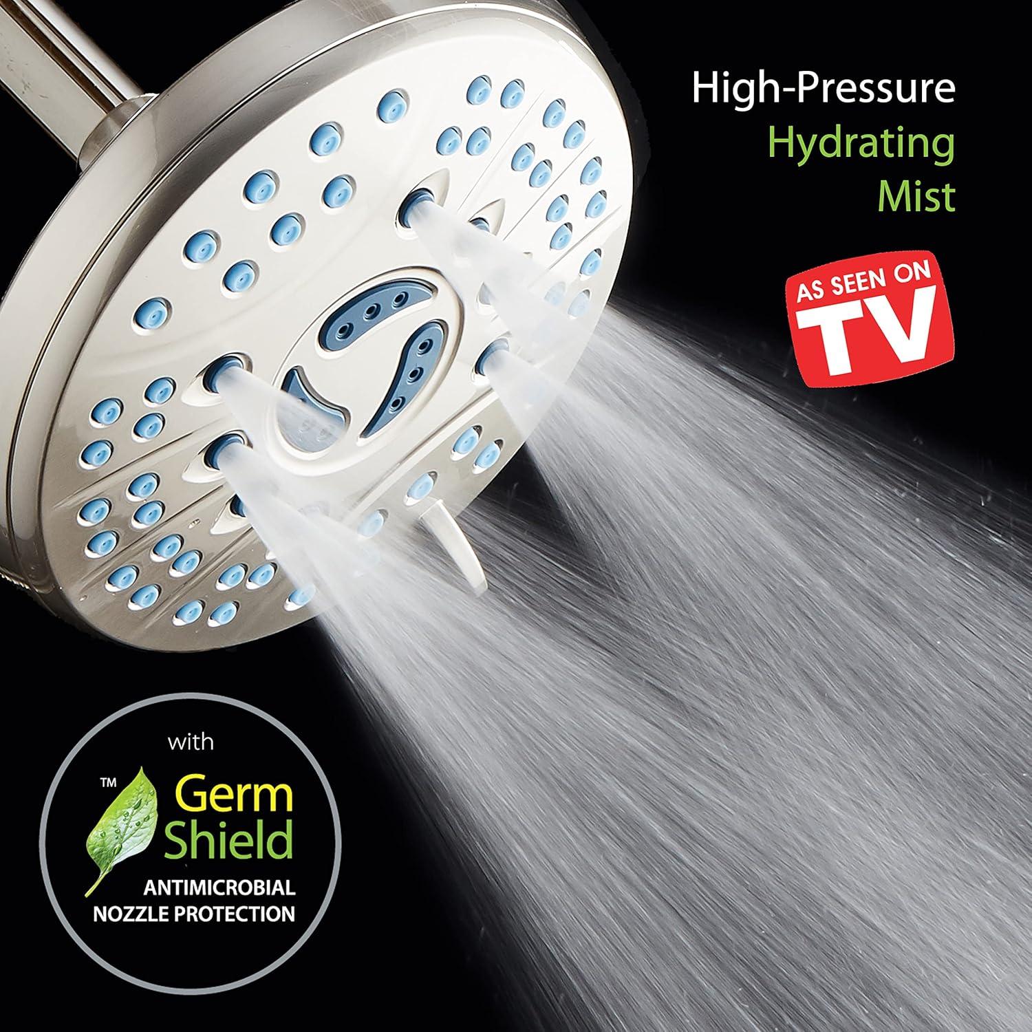 AquaCare AS-SEEN-ON-TV High Pressure 6-setting 6 inch Rainfall Shower Head with GermShield Anti-clog Nozzles Brushed