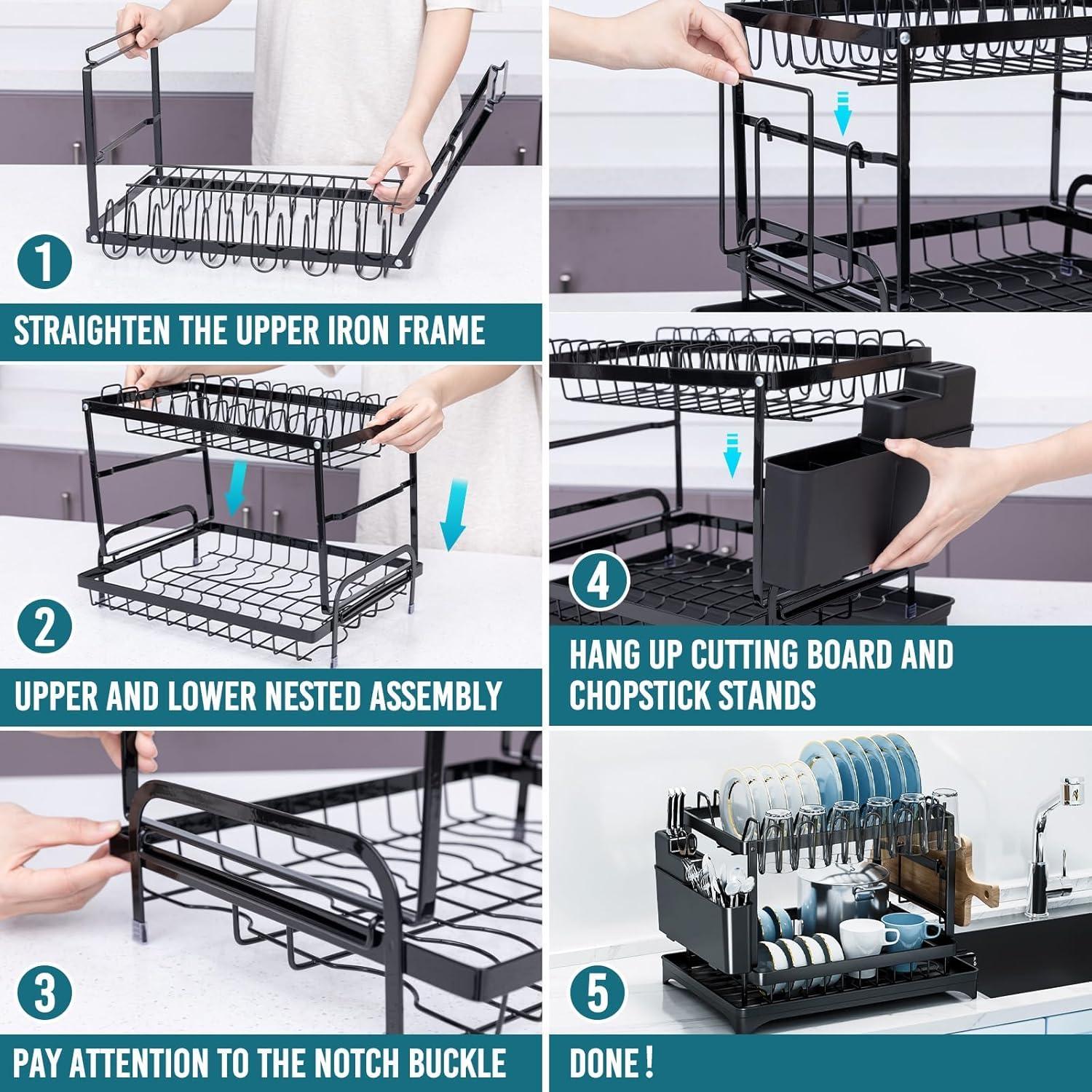 Dish Drying Rack and Drainboard Set, Large Dish Racks for Kitchen Counter, 2 Tier Dish Strainers, Black Dish Drainer with Utensils, Pot, Knives, Cutting Board Holders and Drying Mat