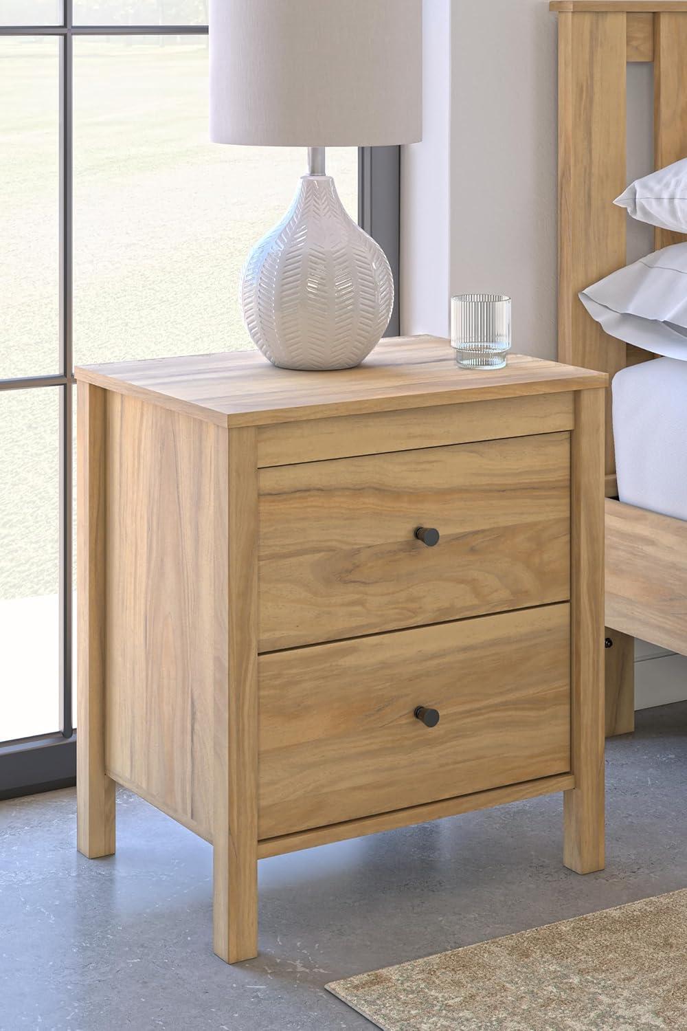 Light Brown 2-Drawer Transitional Nightstand with Bronze Knobs