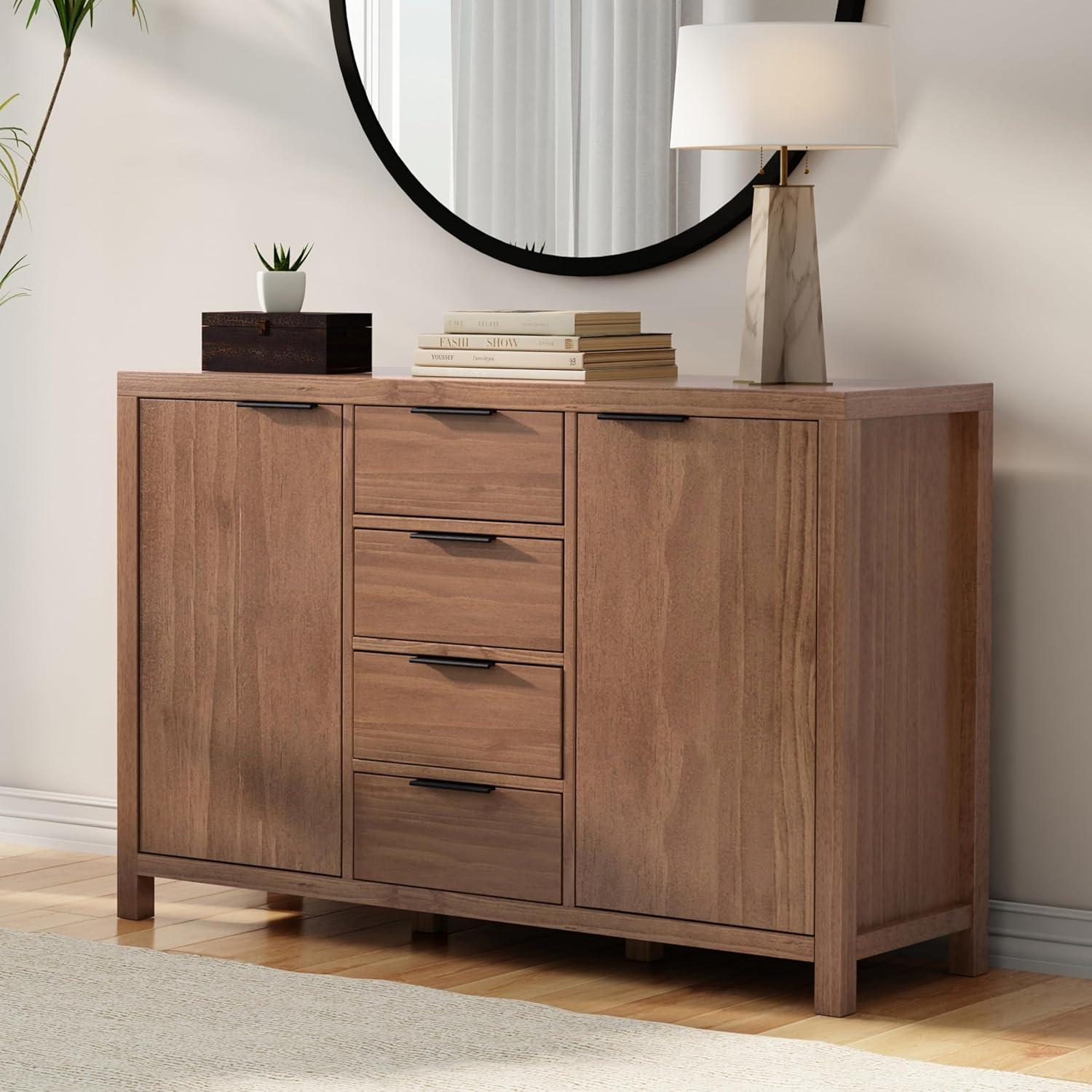 Simpli Home Hollander SOLID WOOD and Pine 54 inch x 18 inch Rectangle Contemporary Sideboard Buffet in Medium Saddle Brown
