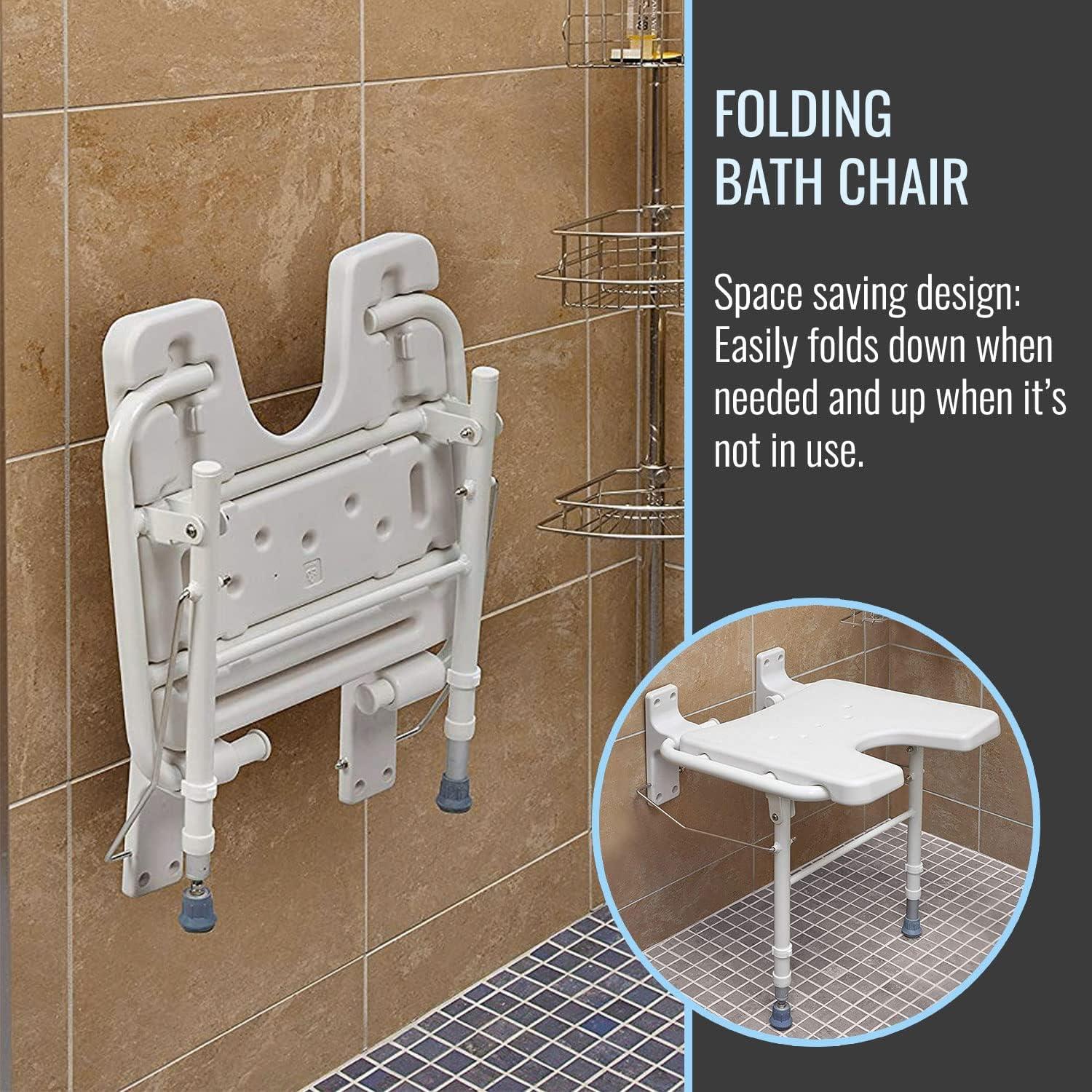 HealthSmart Wall Mount Fold Away Bath Chair Shower Seat Bench with Adjustable Legs, FSA and HSA Eligible, Seat 16 x 16 Inches, White