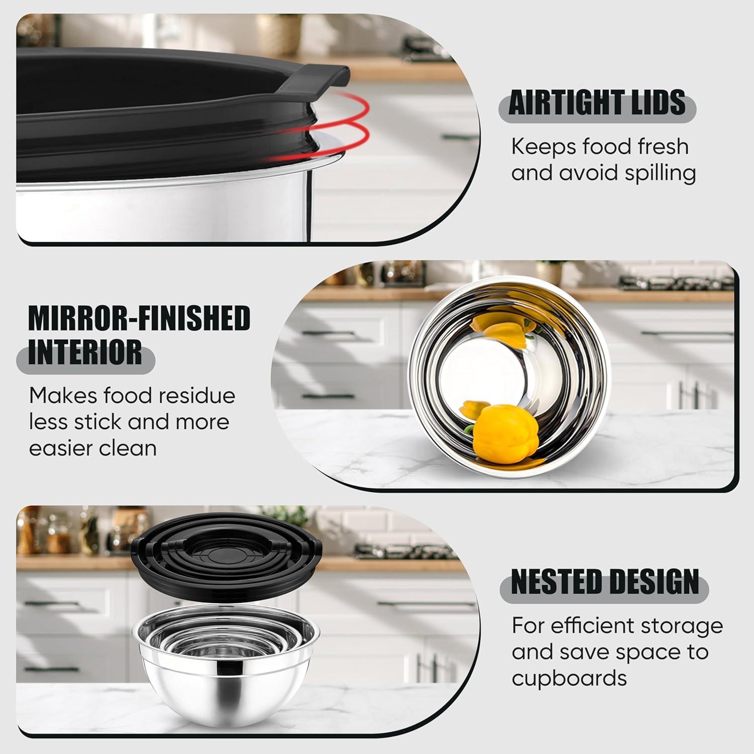 Toledo Bath & Kitchen Stainless Steel Mixing Bowls With Lids, 5-Pack Metal Nesting Bowls With Airtight Covers For Cooking, Baking, Serving, Storage, Non-Toxic & Dishwasher Safe, Size 4.6/3/1.5/1/0.7QT - Khaki