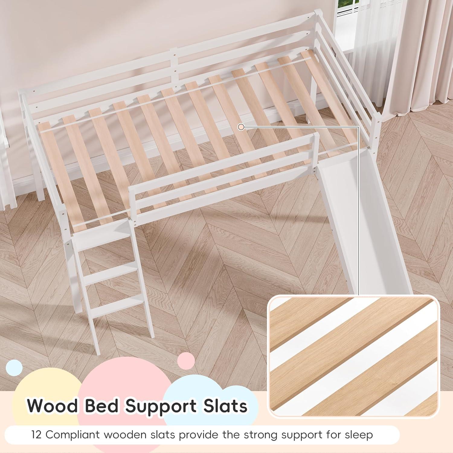 Harper & Bright Designs Kids Loft Bed with Slide,Twin Size Low Loft Beds for Girls Boys Solid Pine Wood Toddler Loft Bed with Ladder and Guard Rails,White
