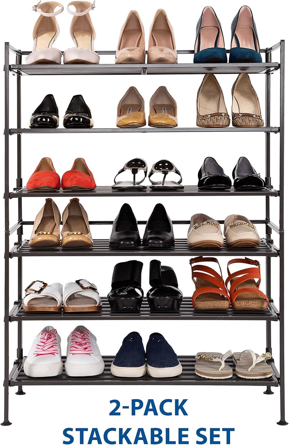 Seville Classics 3-Tiers Stackable 9-Pairs of shoes Resin Slat Sturdy Metal Frame Shoe Storage Rack Organizer, 2-Pack, Espresso