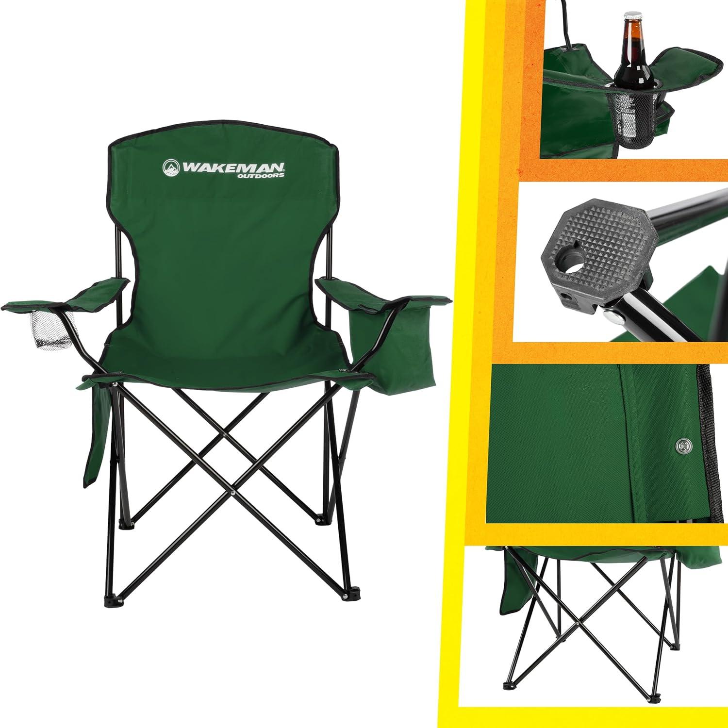 wakeman Wakeman Oversized Camping Chair with Cupholder and Cooler- Folding Chair with 300lb Capacity, Green