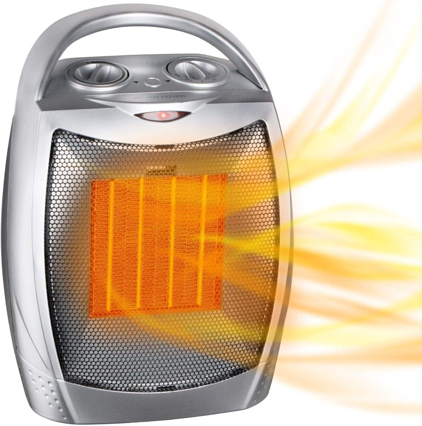 Silver Compact Ceramic Electric Space Heater with Thermostat