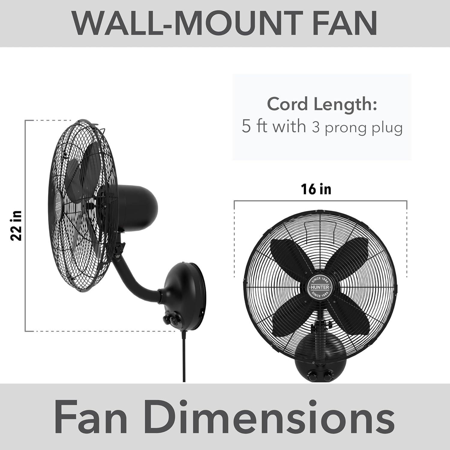 HUNTER - 97318 - Oscillating Wall Mounted Fan 16 inch 3 speeds Classic W16