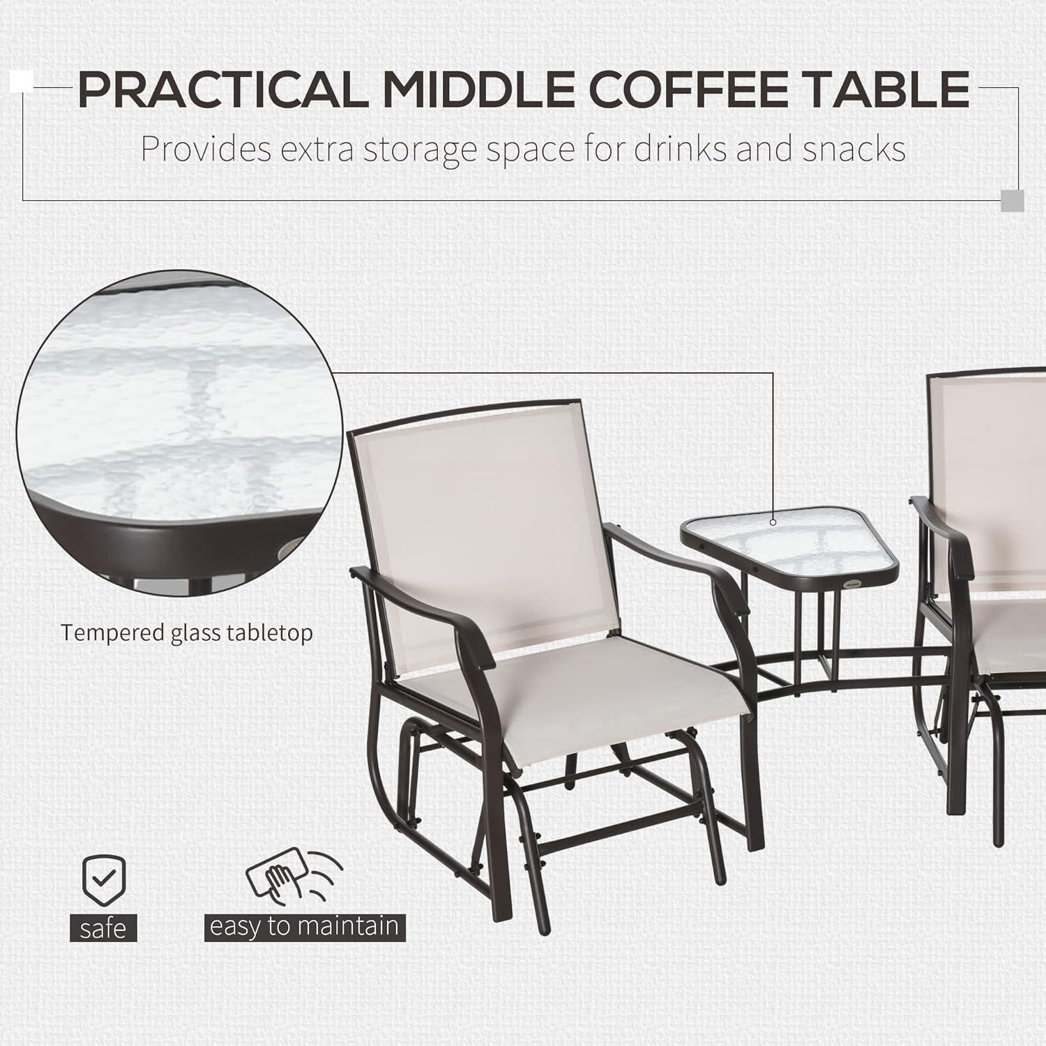 Outsunny Outdoor Glider Chairs with Coffee Table, Patio 2-Seat Rocking Chair Swing Loveseat with Breathable Sling, Coffee Brown