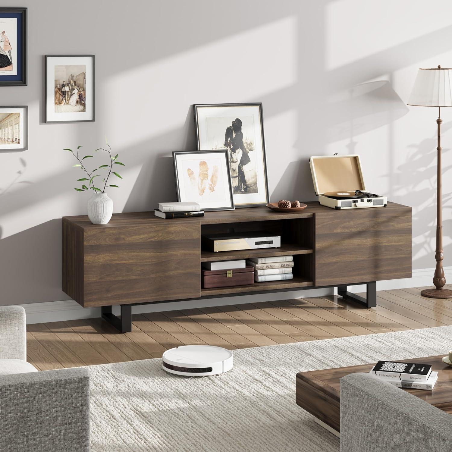 Industrial TV Stand for 80 Inch, Modern Entertainment Center with 2 Drawers, Wooden Cabinet with Heavy Duty Leg and Open Storage for Bedroom, Walnut
