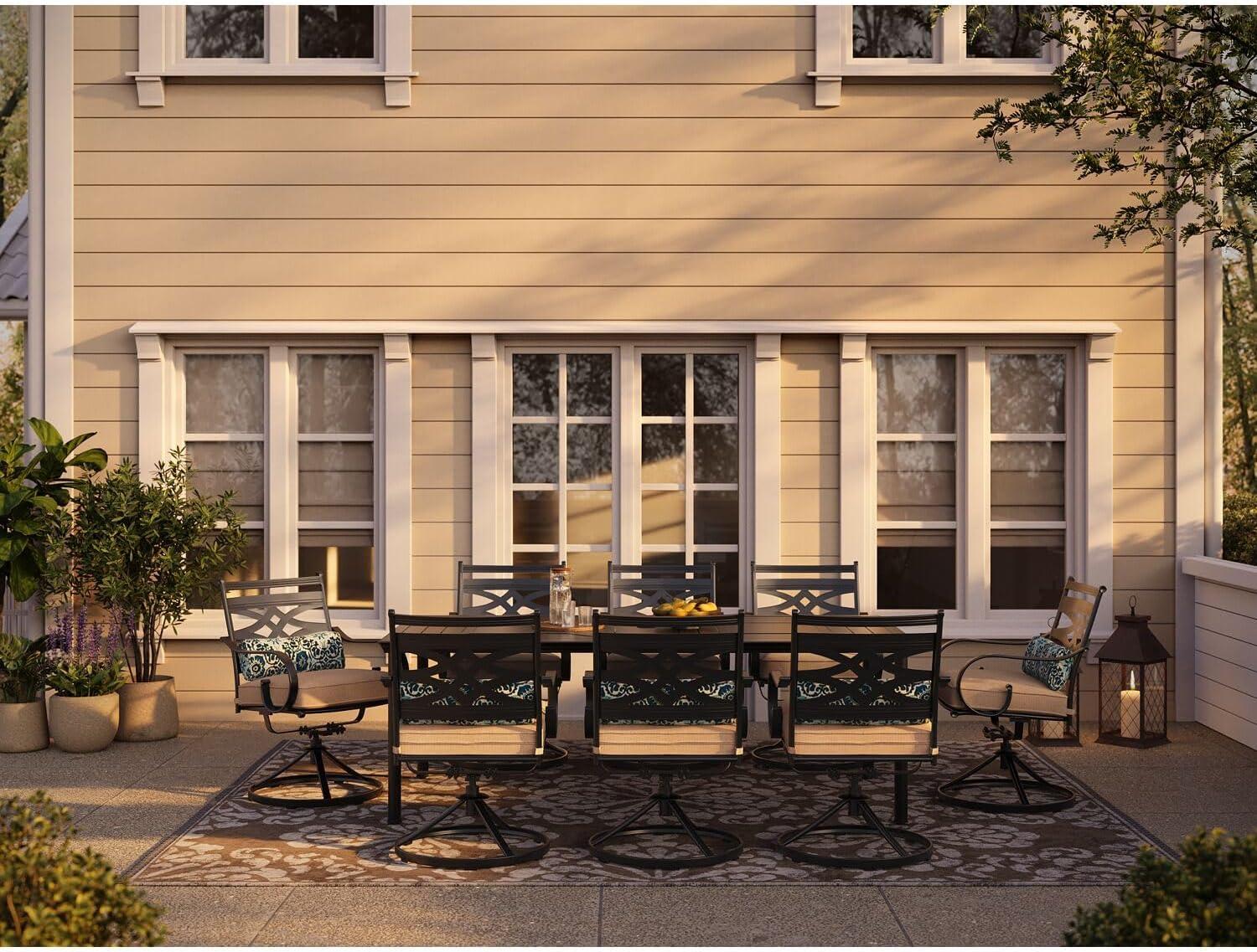 Hanover Montclair 9-Piece All-Weather Outdoor Patio Dining Set, 8 Swivel Rocker Chairs with Comfortable Seat and Lumbar Cushions, 84"x42" Stamped Rectangle Table, MCLRDN9PCSW8-TAN