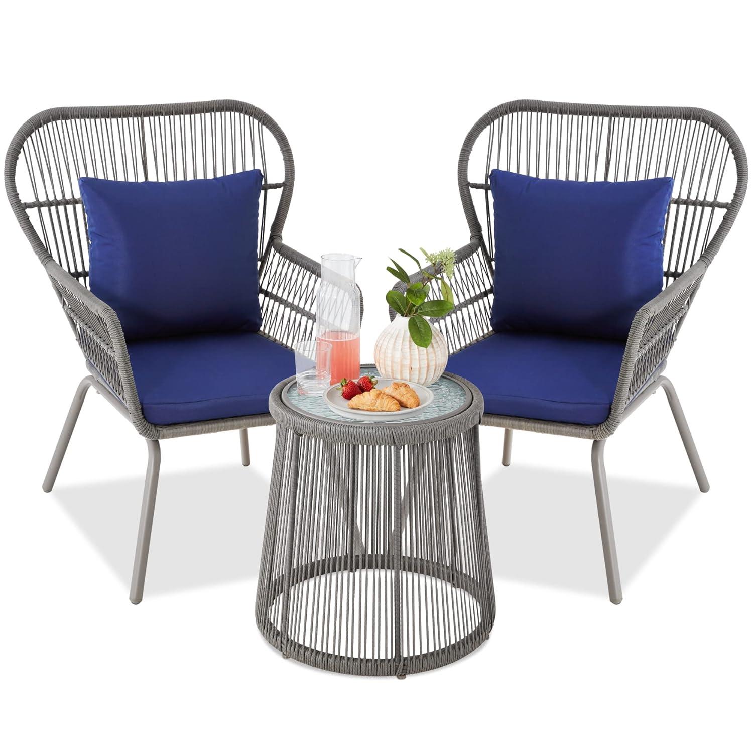 Best Choice Products 3-Piece Patio Conversation Bistro Set, Outdoor Wicker w/ 2 Chairs, Cushions, Side Table - Gray/Navy