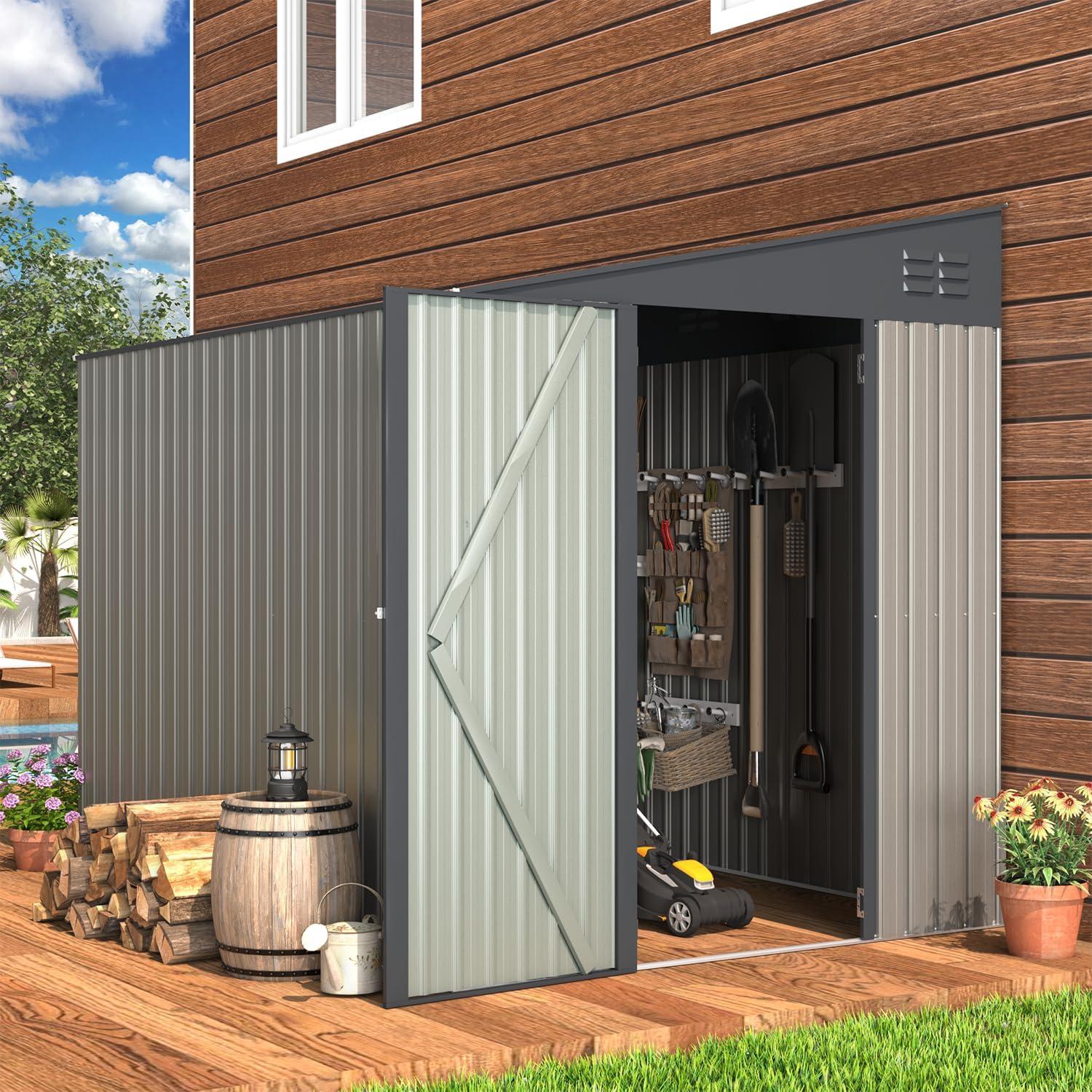 YODOLLA 8' x 6' Outdoor Storage Side Shed Metal Attached Lean-To Shed with Lockable Door for Backyard in Gray