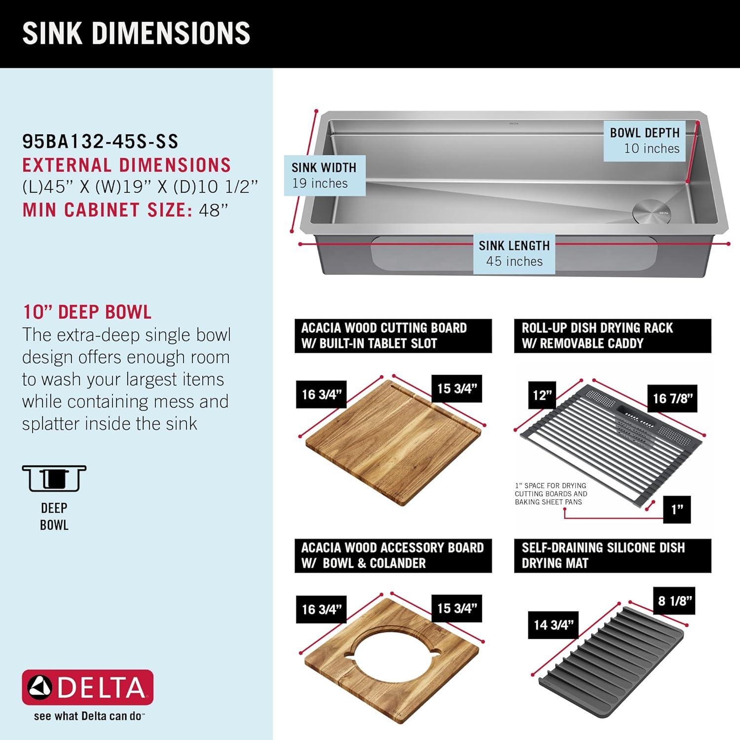 Delta Lorelai™ 45" L Workstation Kitchen Sink Undermount 16 Gauge Stainless Steel Single Bowl with 2-Tier WorkFlow™ Ledge