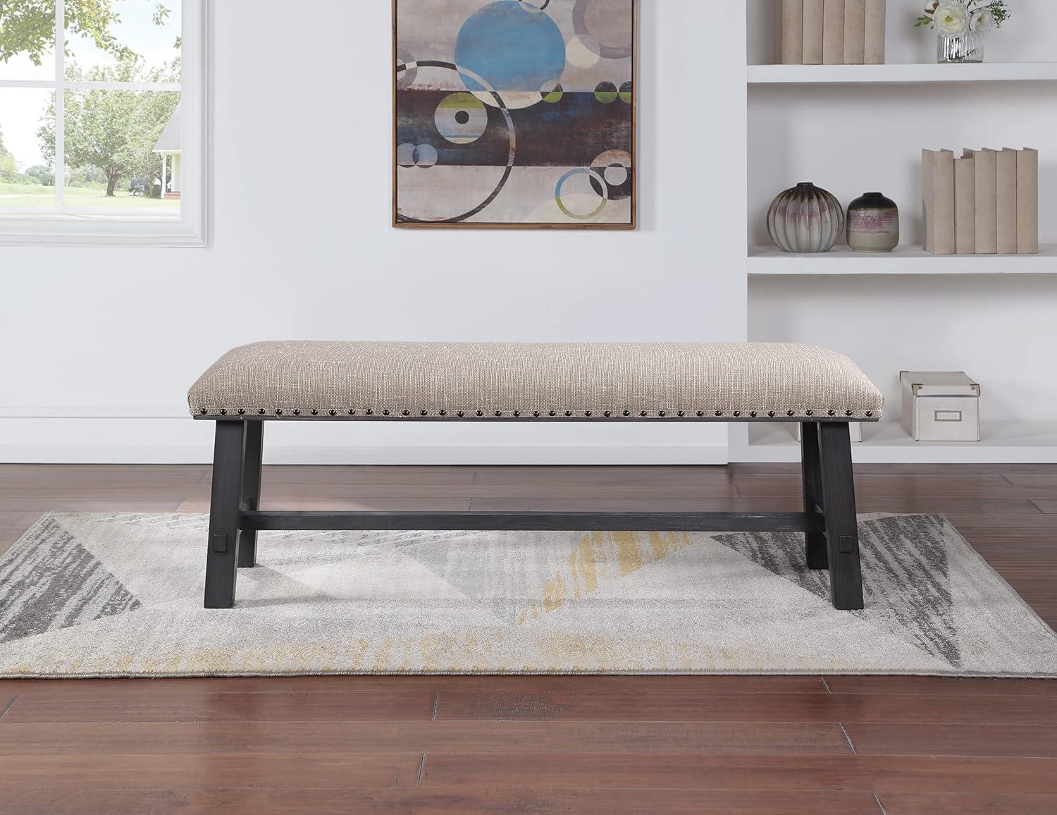 Callen Bench with Antique Gray Frame and Bronze Nailhead Trim in Gray Fabric