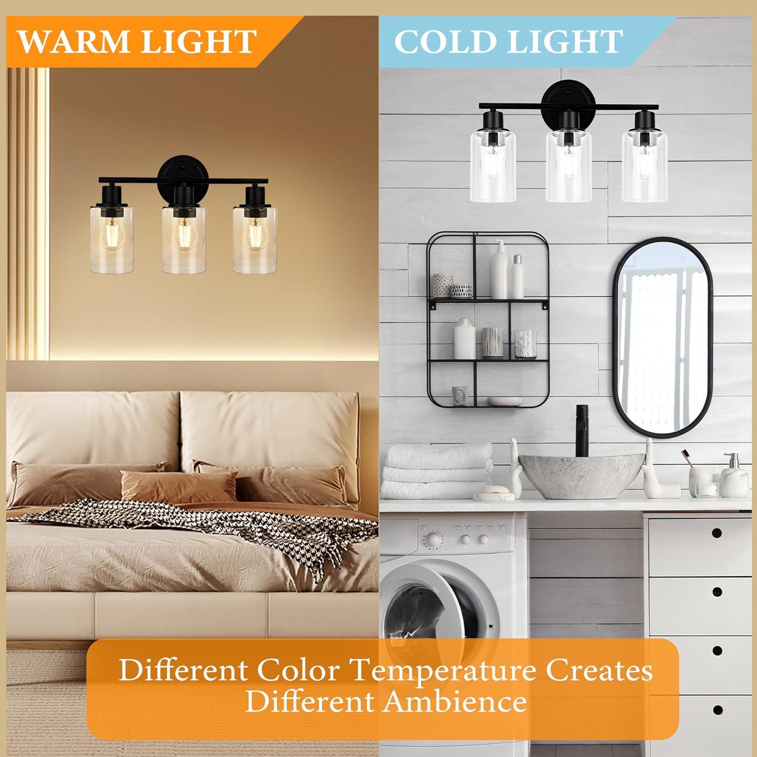 3-Light Bathroom Light Fixtures Bathroom Vanity Lights with Clear Glass Shades Matte Black Bathroom Light Fixtures over mirror for Mirror Living Room Cabinet Bedroom Porch