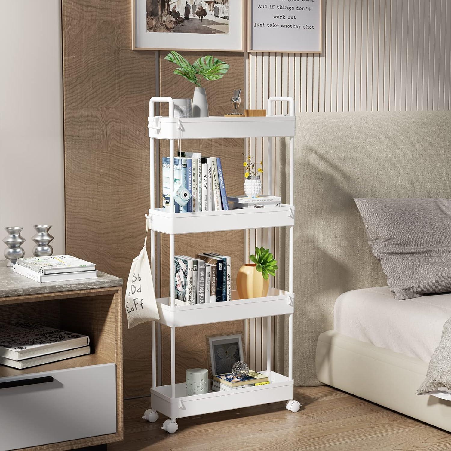 Slim White Plastic 4-Tier Mobile Storage Cart with Adjustable Shelves