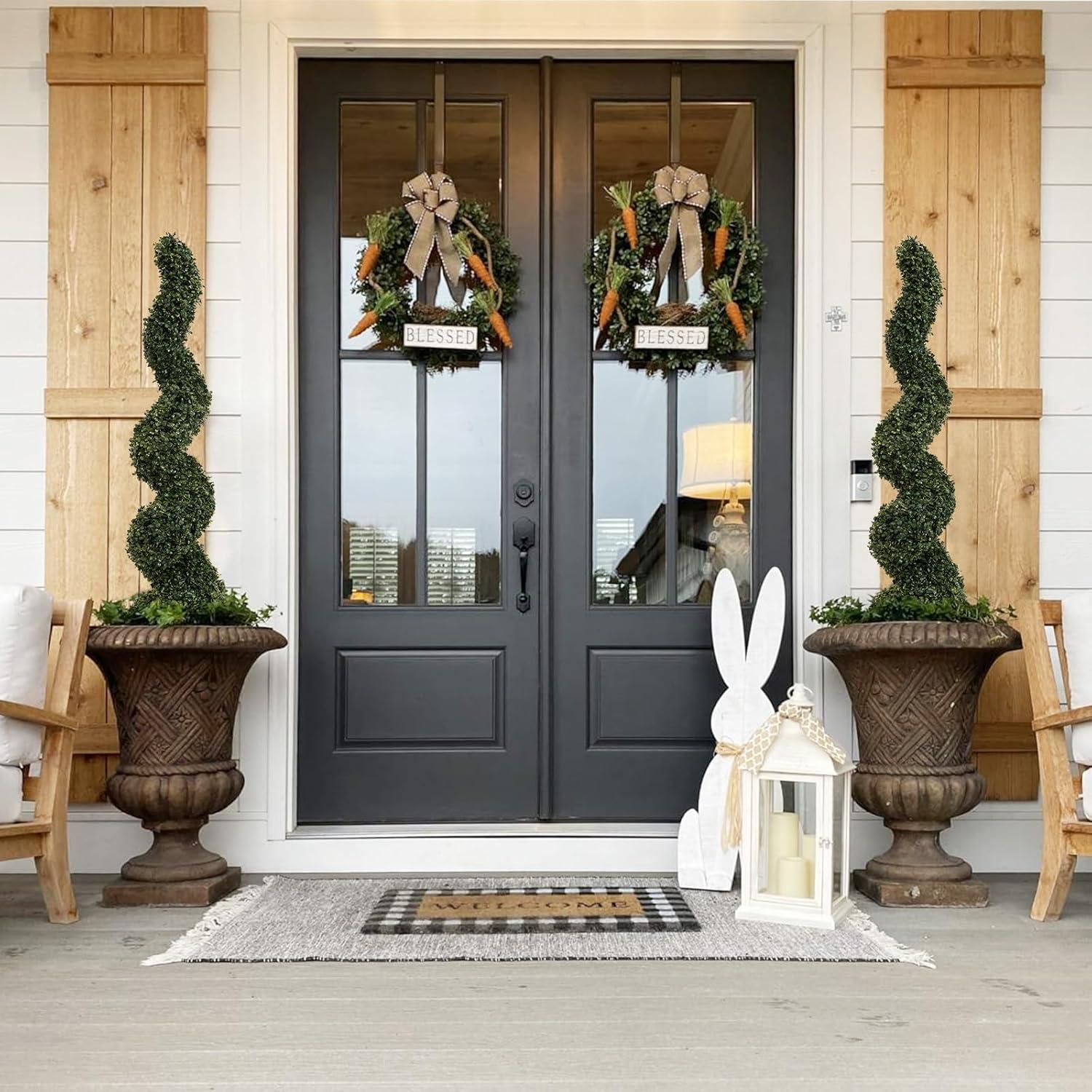 Goplus 4FT Artificial Spiral Boxwood Topiary Tree, 2 Pack Greenery Large Faux Plant in Cement-Filled Plastic Pot, Tall Fake Plant for Indoor Outdoor Home Front Porch Decor