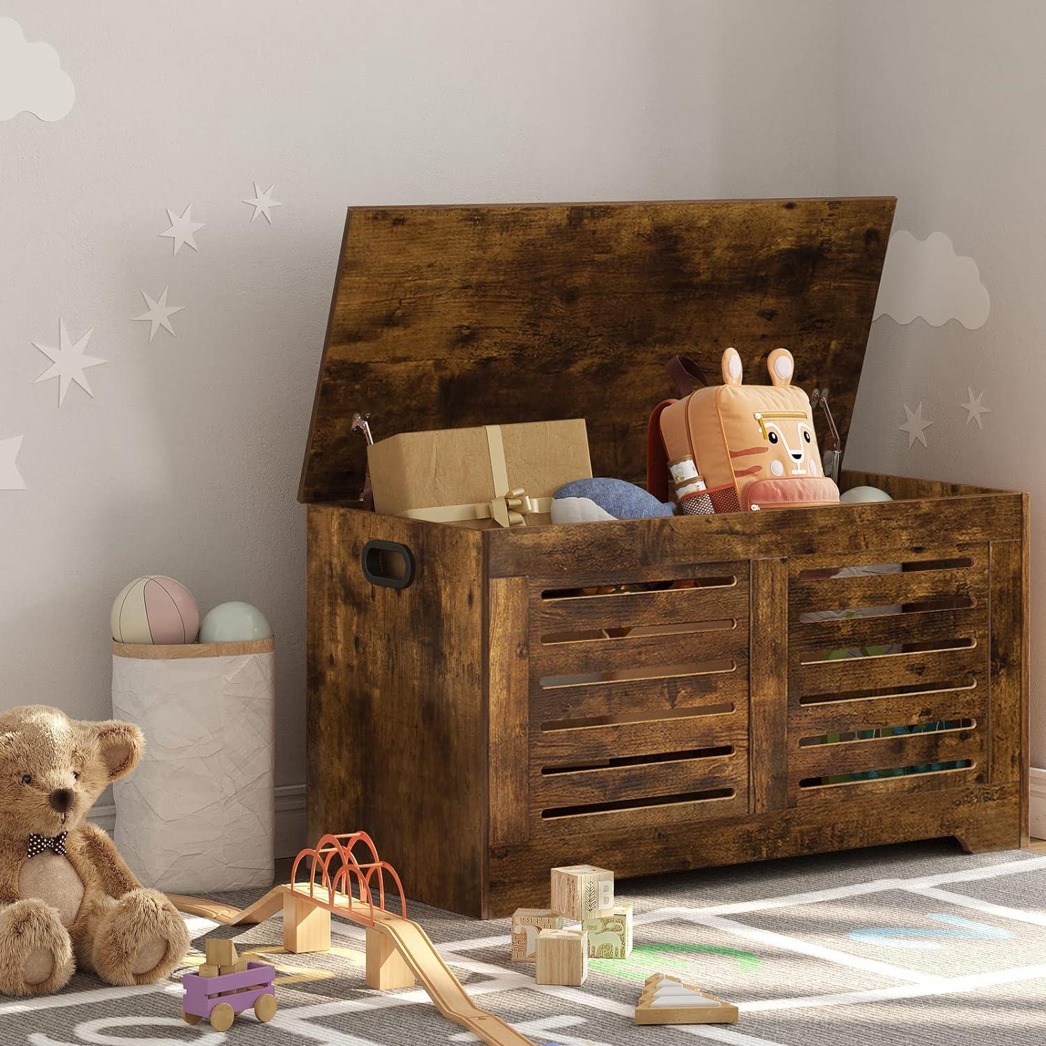 Rustic Brown Wooden Flip-Top Storage Chest with Safety Hinges