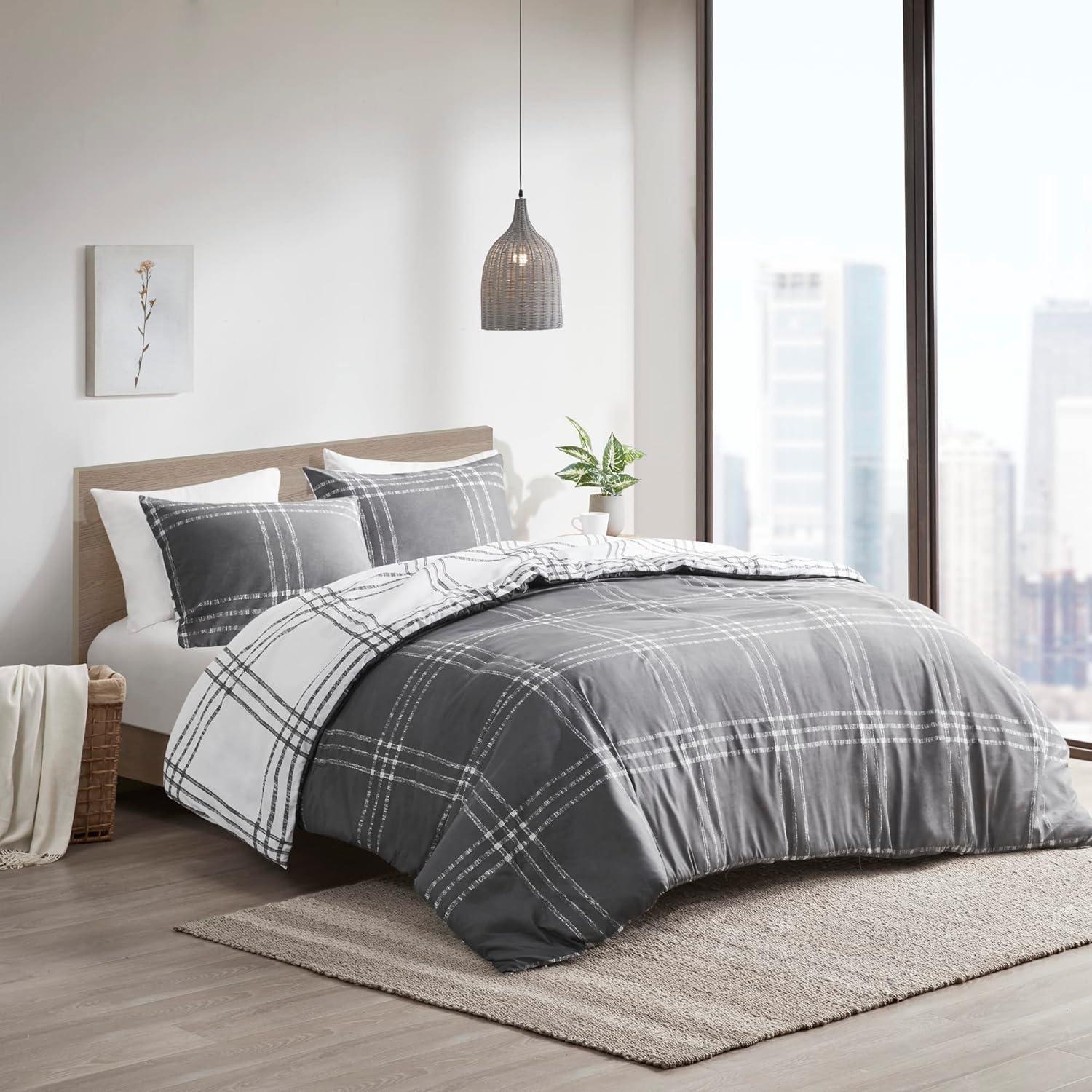 King Gray Microfiber Reversible Plaid Duvet Cover Set