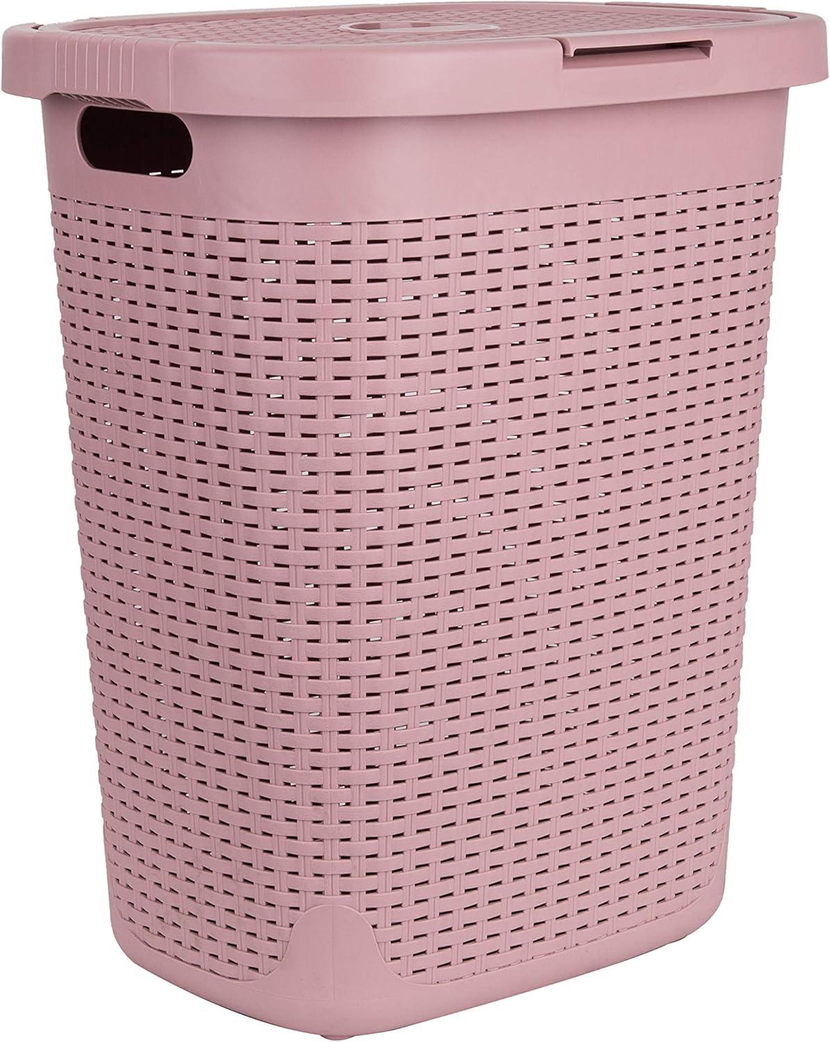 Pink Wicker Upright Laundry Hamper with Lid