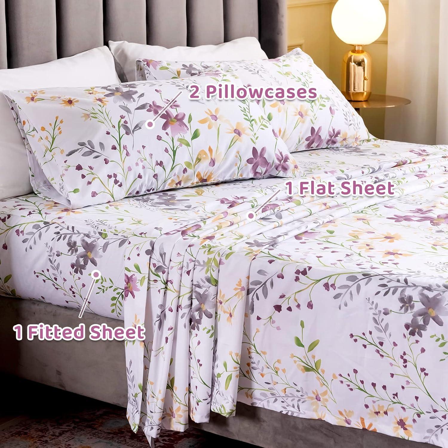 QSH Floral Queen Size Sheet Sets - Yellow Wild Flower Botanical Pattern Egyptian Cotton Printed Bedding Sheets Set Queen Size Bed Extra Breathable 4pcs Queen Sheet Set Deep Pocket 17.5"