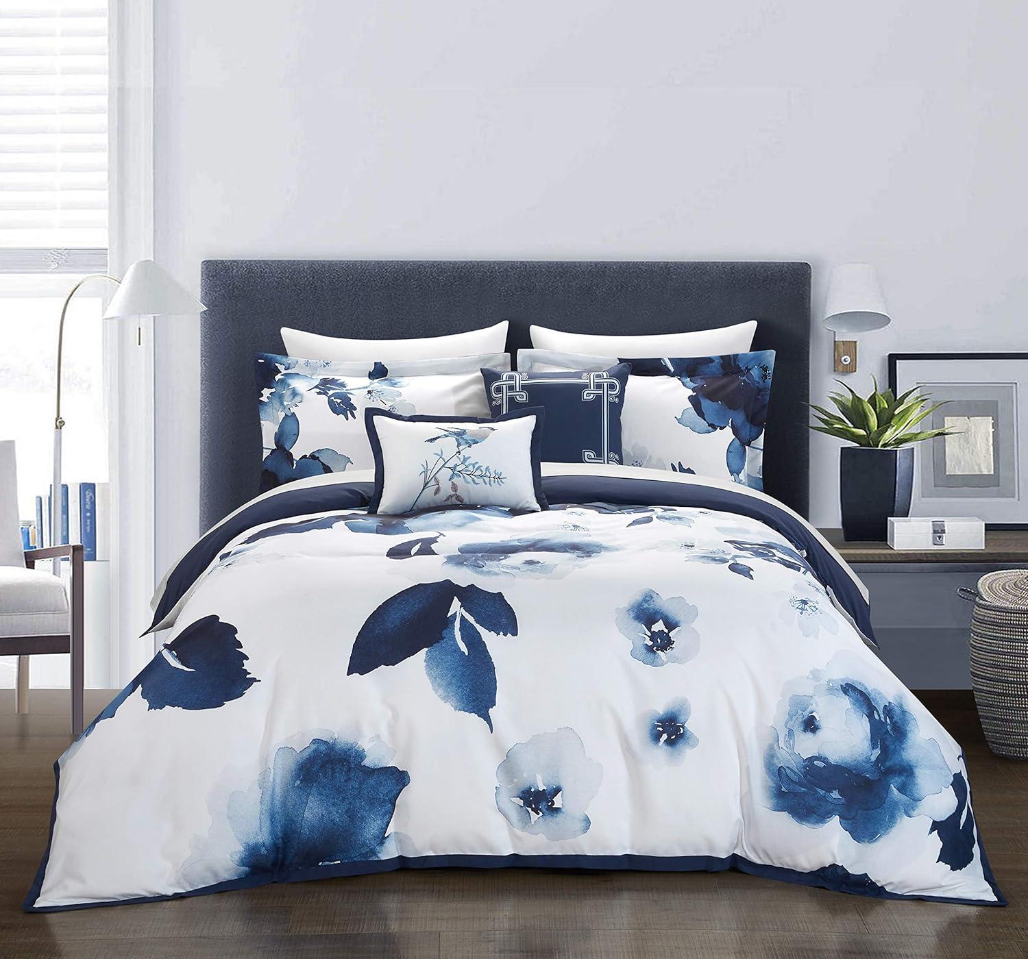 Navy Floral Print Queen Microfiber Comforter Set