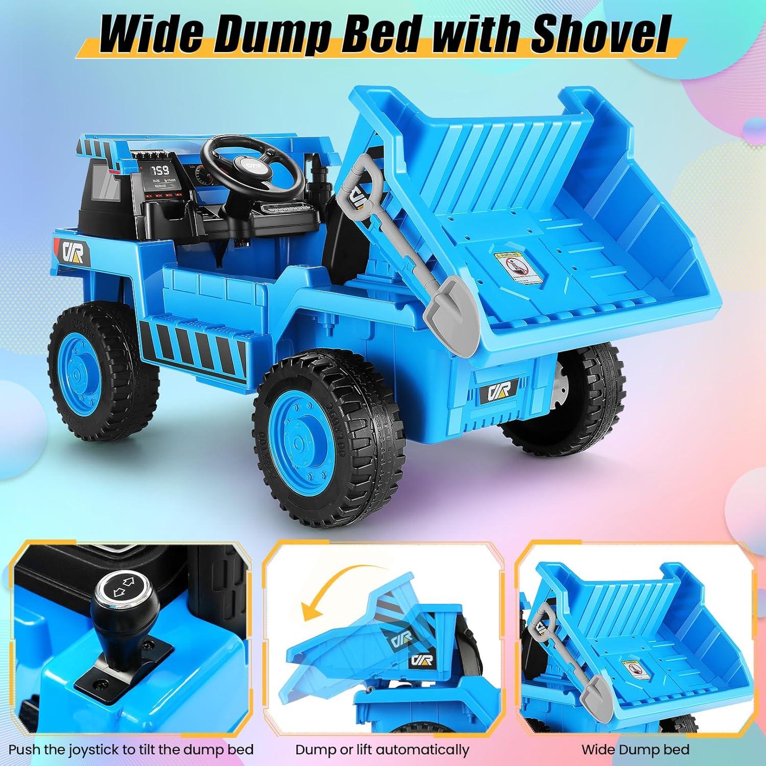 Jojoka Ride on Dump Truck for Kids, 12V Ride on Car with Electric Dump Bed, Remote Control and Extra Shovel, Ride on Construction Vehicle with USB, MP3, Music Player, Battery Indicator (Blue)