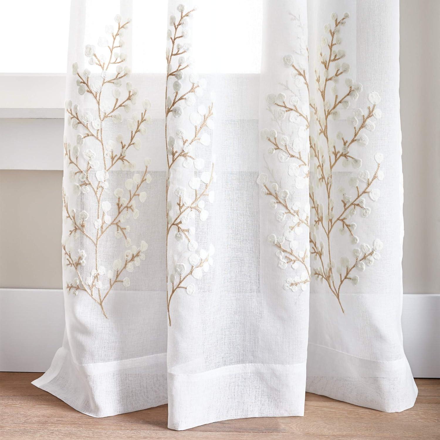 Martha Stewart Georgia Embroidery, Polyester Sheer Poletop Curtain Panel Pair, Ivory, 50"x84", Set of 2, Adult