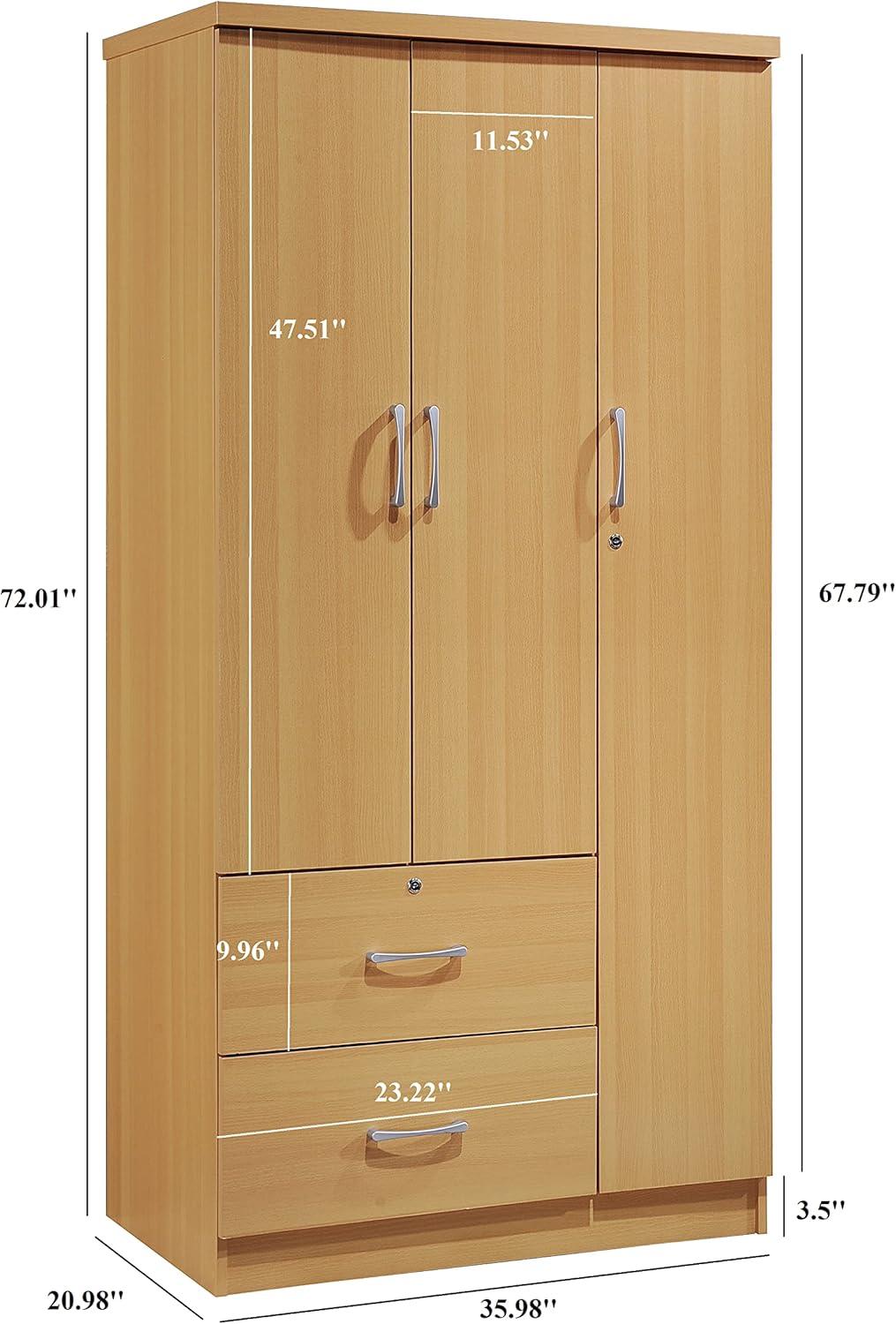 Beech 3-Door Armoire with Drawers and Shelves