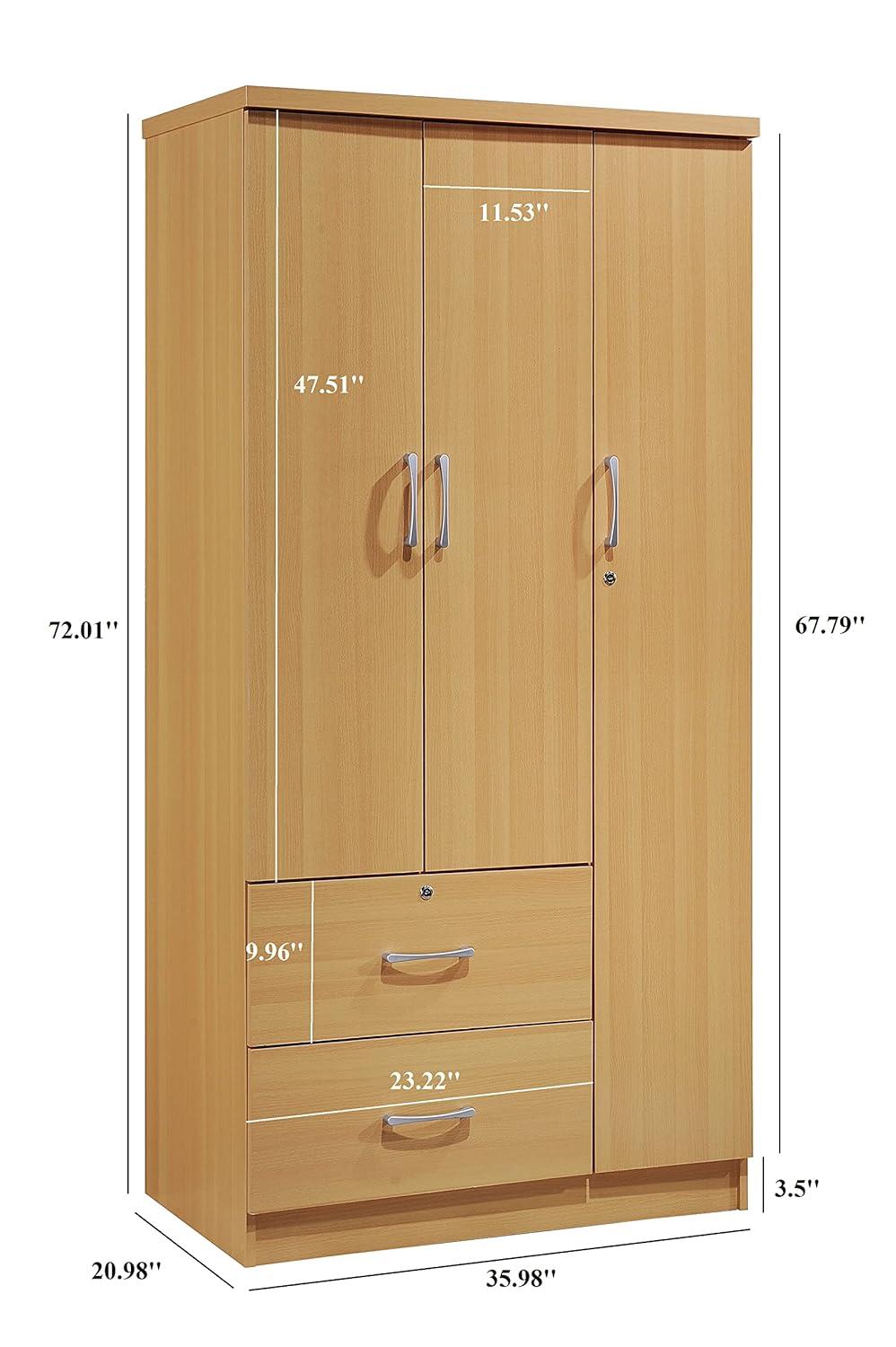 Hodedah 3 Door Armoire with 2 Drawers 3 Shelves in Beige Wood