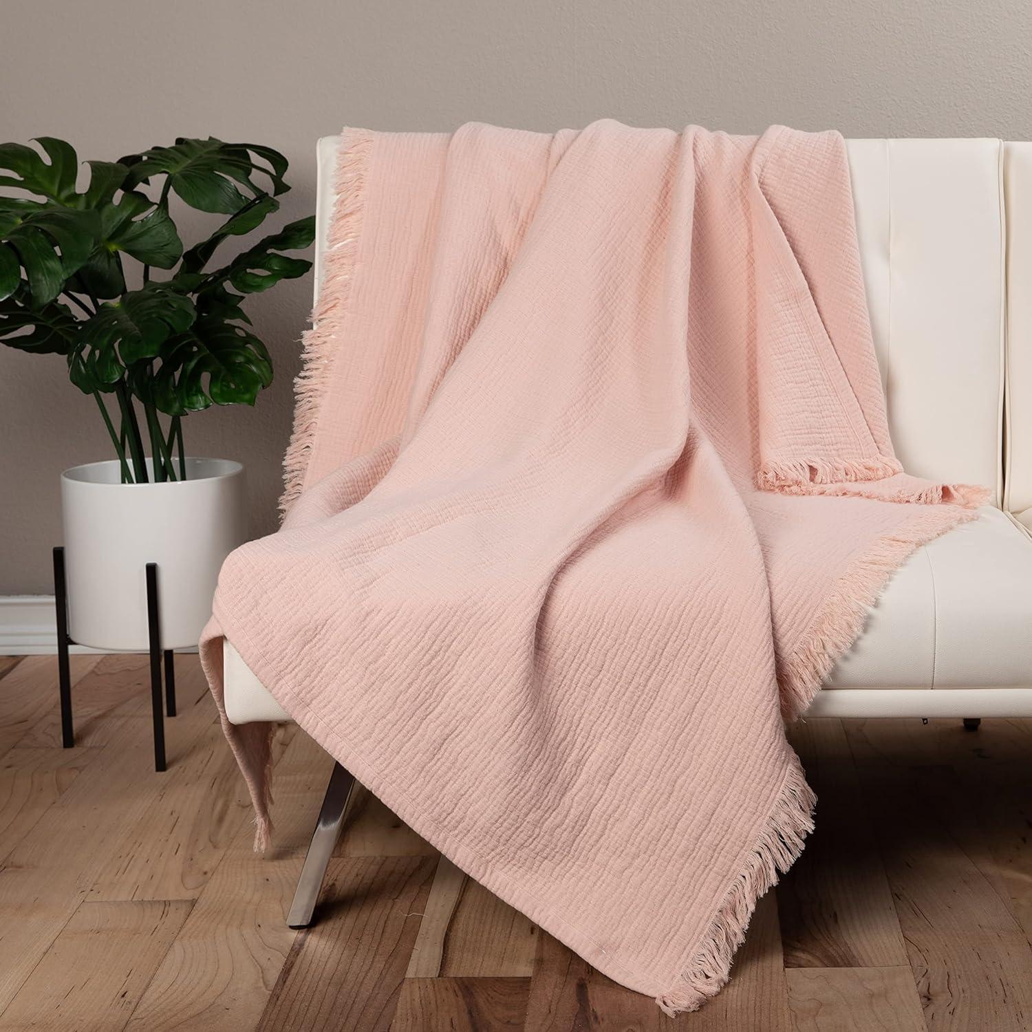 Sticky Toffee Muslin Throw Blanket for Adults, 100% Cotton, 60x50 in, Soft Lightweight and Breathable Throw for Couch, Blush Pink