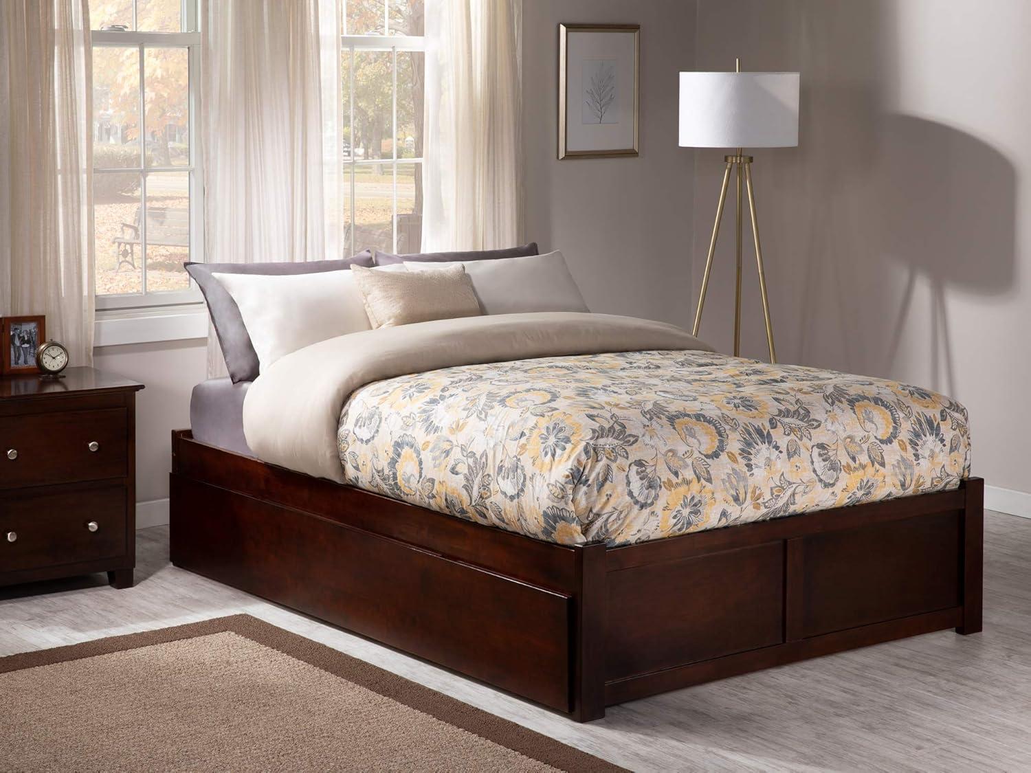 Concord Walnut Queen Platform Bed with Upholstered Headboard and Storage Trundle