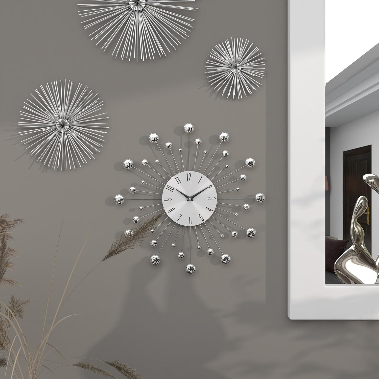 DecMode 15" Silver Metal Starburst Wall Clock with Crystal Accents