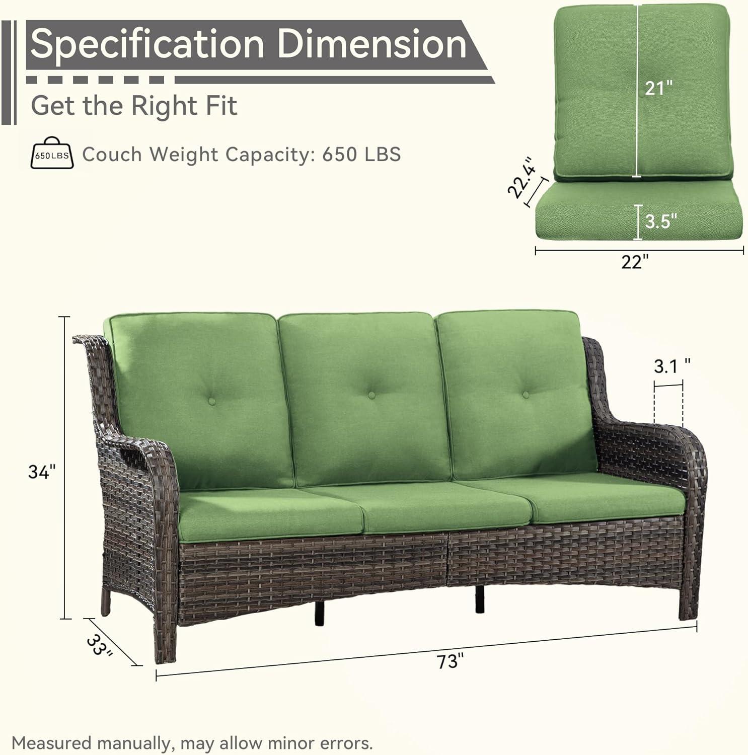 3-Seat Wicker Outdoor Patio Sofa Sectional Couch with Green Cushions