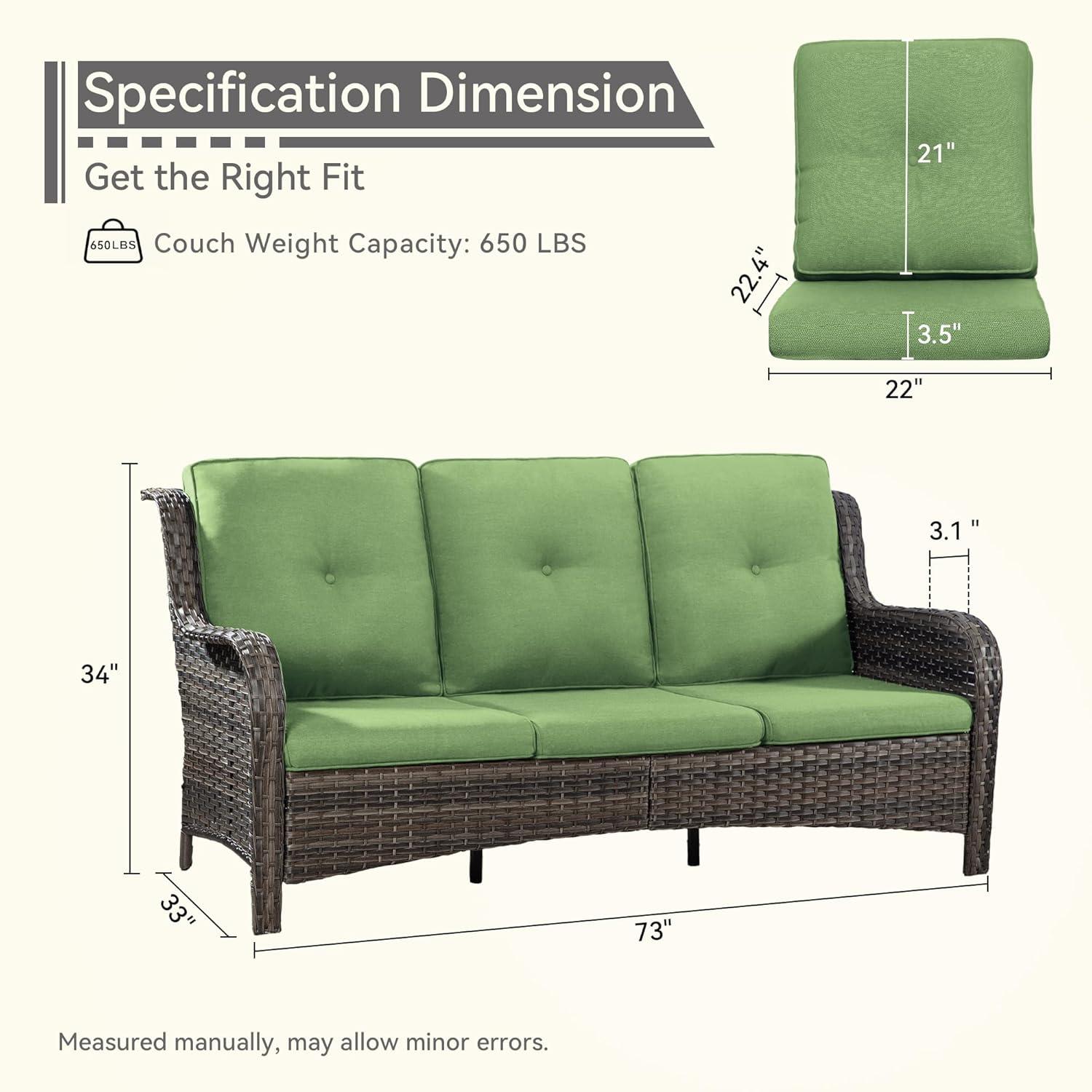 3-Seat Wicker Outdoor Patio Sofa Sectional Couch with Green Cushions