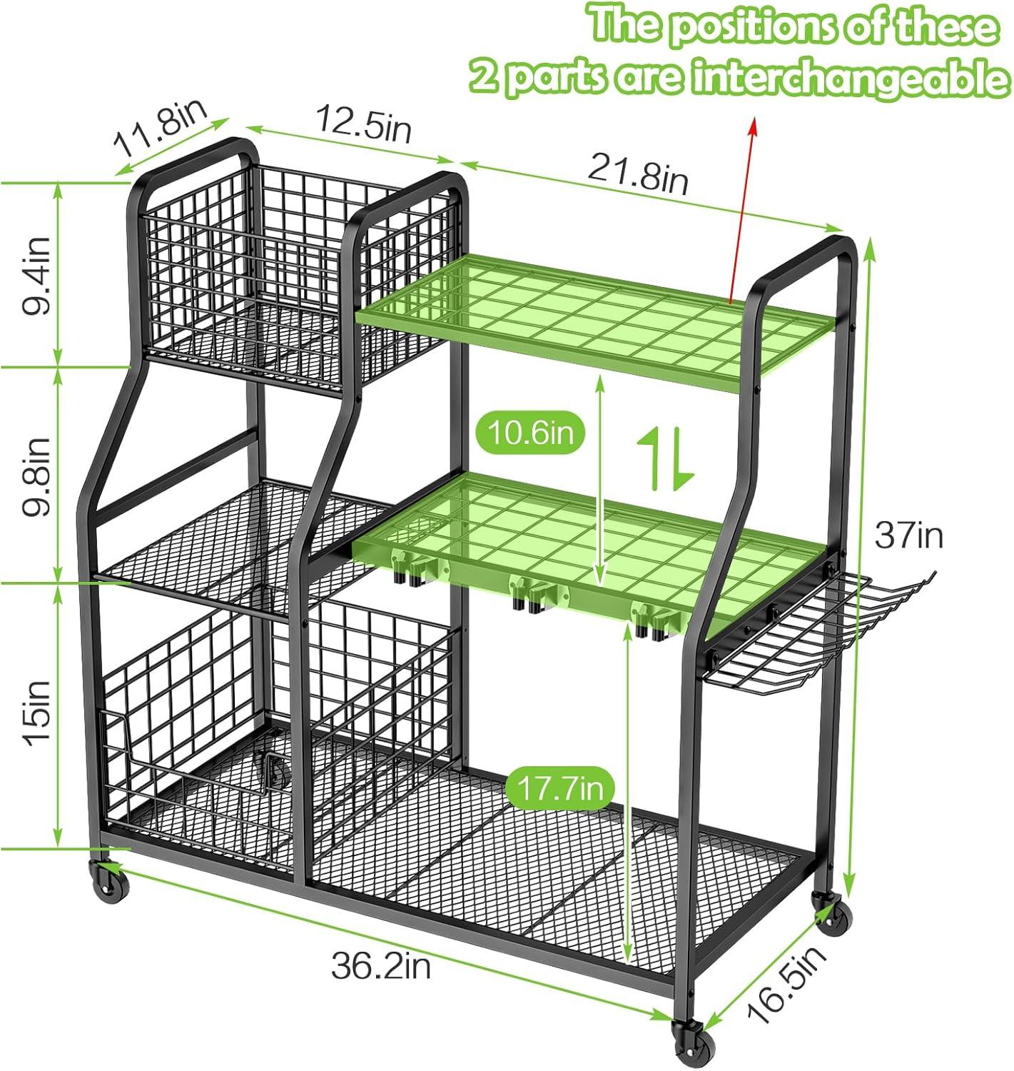 Garden Tool Organizer for Garage, 3 Tier Utility Yard Tool Organizer and Storage Holder with Wheels, Large Garden Tool Rack with Extra Storage Basket for Shed/Garage/Yard/Basement/Lawn