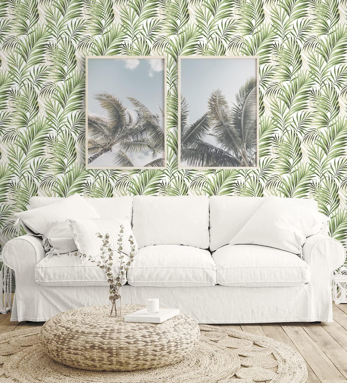 Aloe Green and Taupe Tropical Peel & Stick Wallpaper