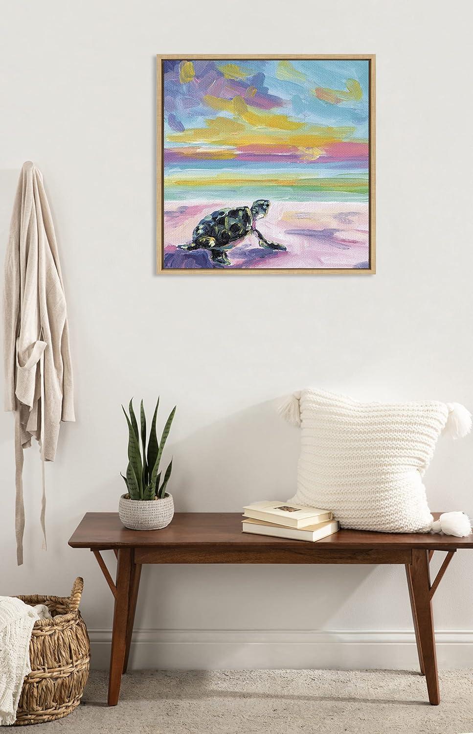 Kate and Laurel Sylvie Sunset Sea Turtle Framed Canvas by Rachel Christopoulos, 22x22, Natural