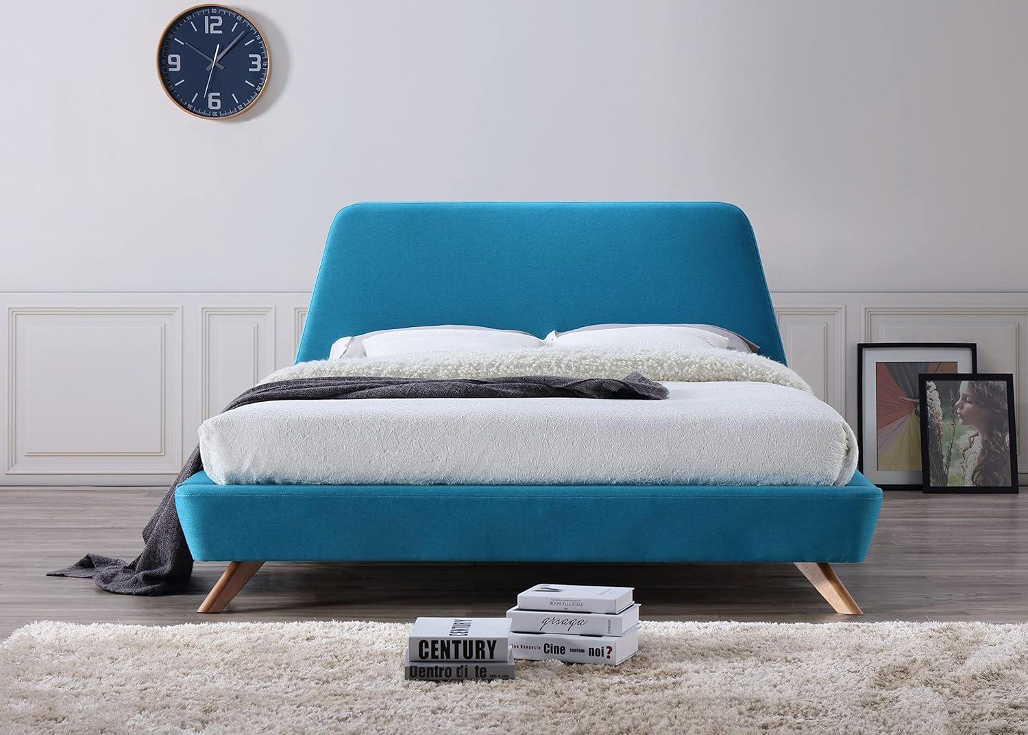 Omax Decor Henry Wood and Fabric Upholstered Queen Platform Bed in Blue