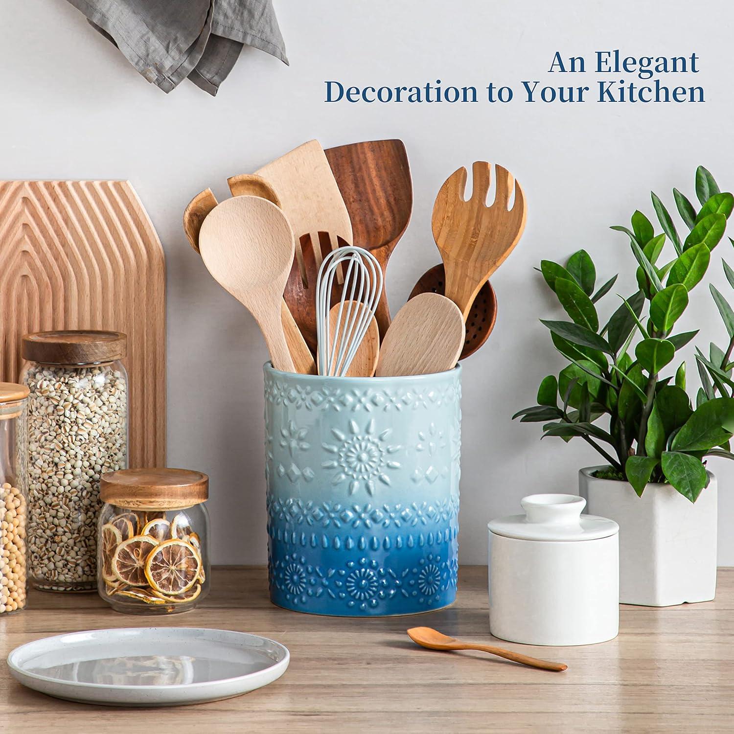Large Light Blue Ceramic Embossed Utensil Holder Crock