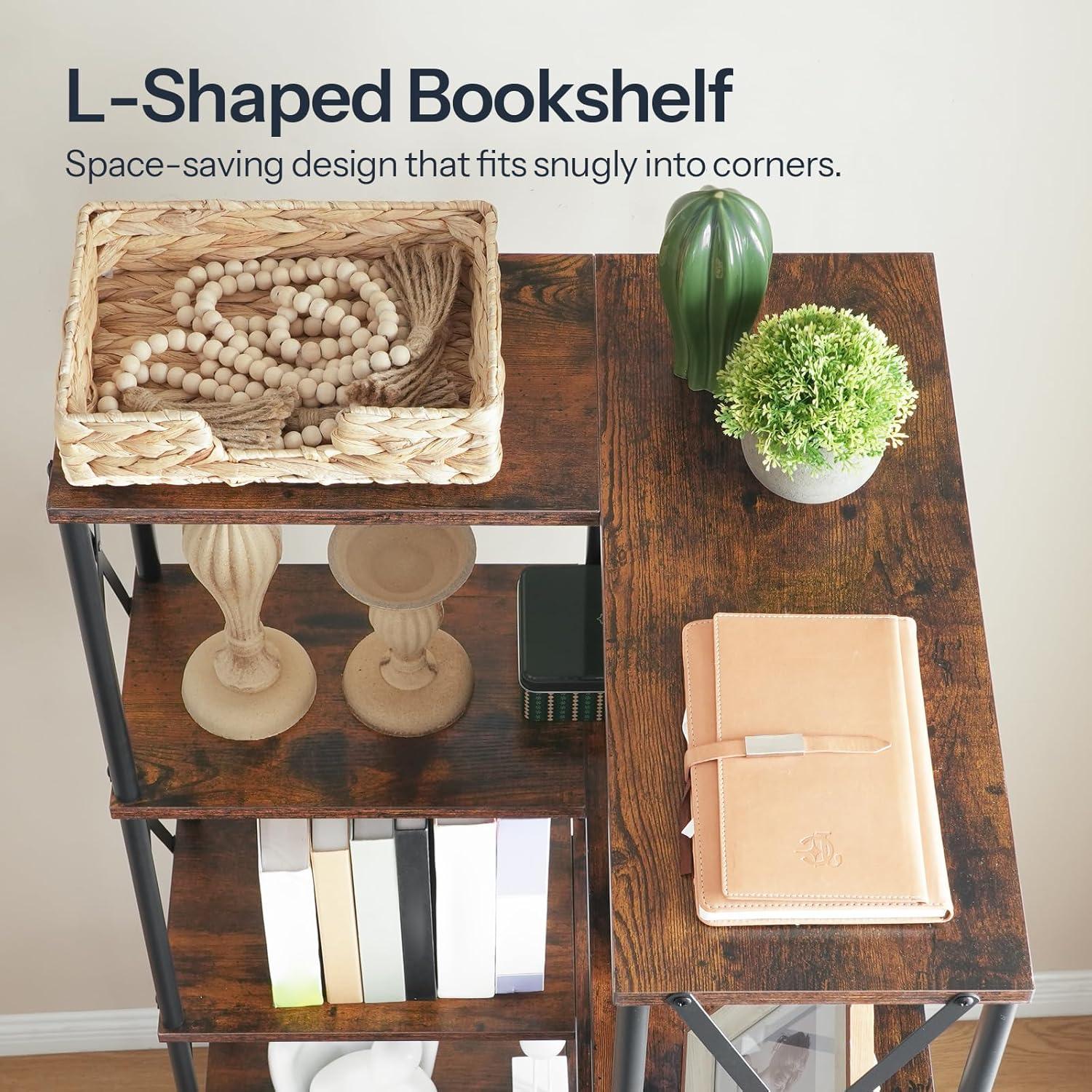 HOOBRO Corner Bookshelf, 5-Tier L-Shaped Bookcase, Industrial Open Display Shelf Tall Storage Organizer, Vertical Storage Rack, for Living Room, Home Office, Black BB60SJ01