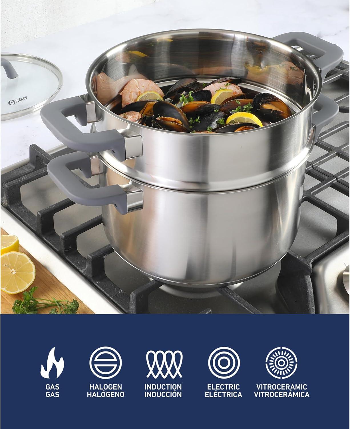 Oster Beauford 9 Piece Stainless Steel Non-Toxic Pots and Pans Cookware Set W/ Tri-Ply Encapsulated Bottom & Soft Touch Handles