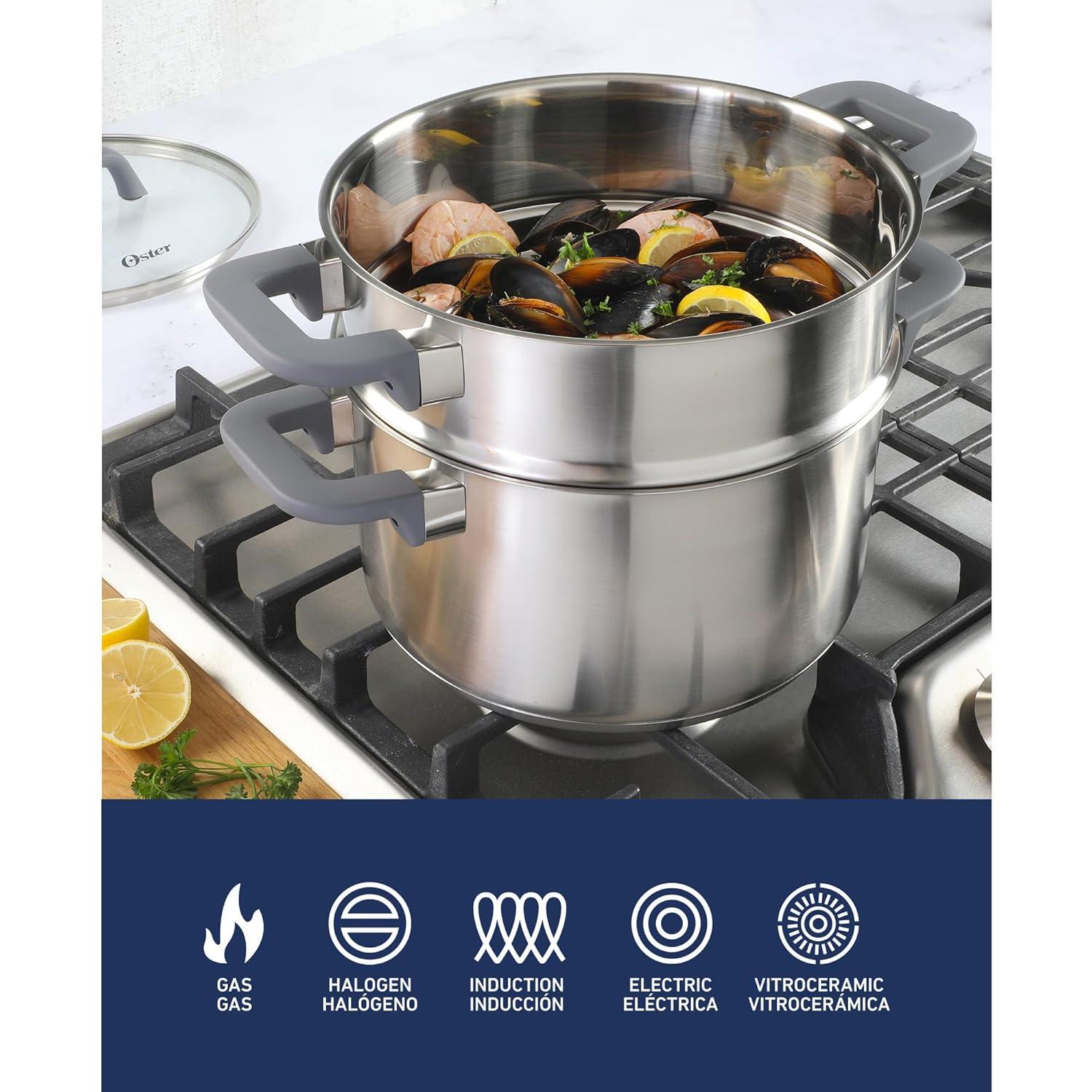 Oster Beauford 9 Piece Stainless Steel Non-Toxic Pots and Pans Cookware Set W/ Tri-Ply Encapsulated Bottom & Soft Touch Handles