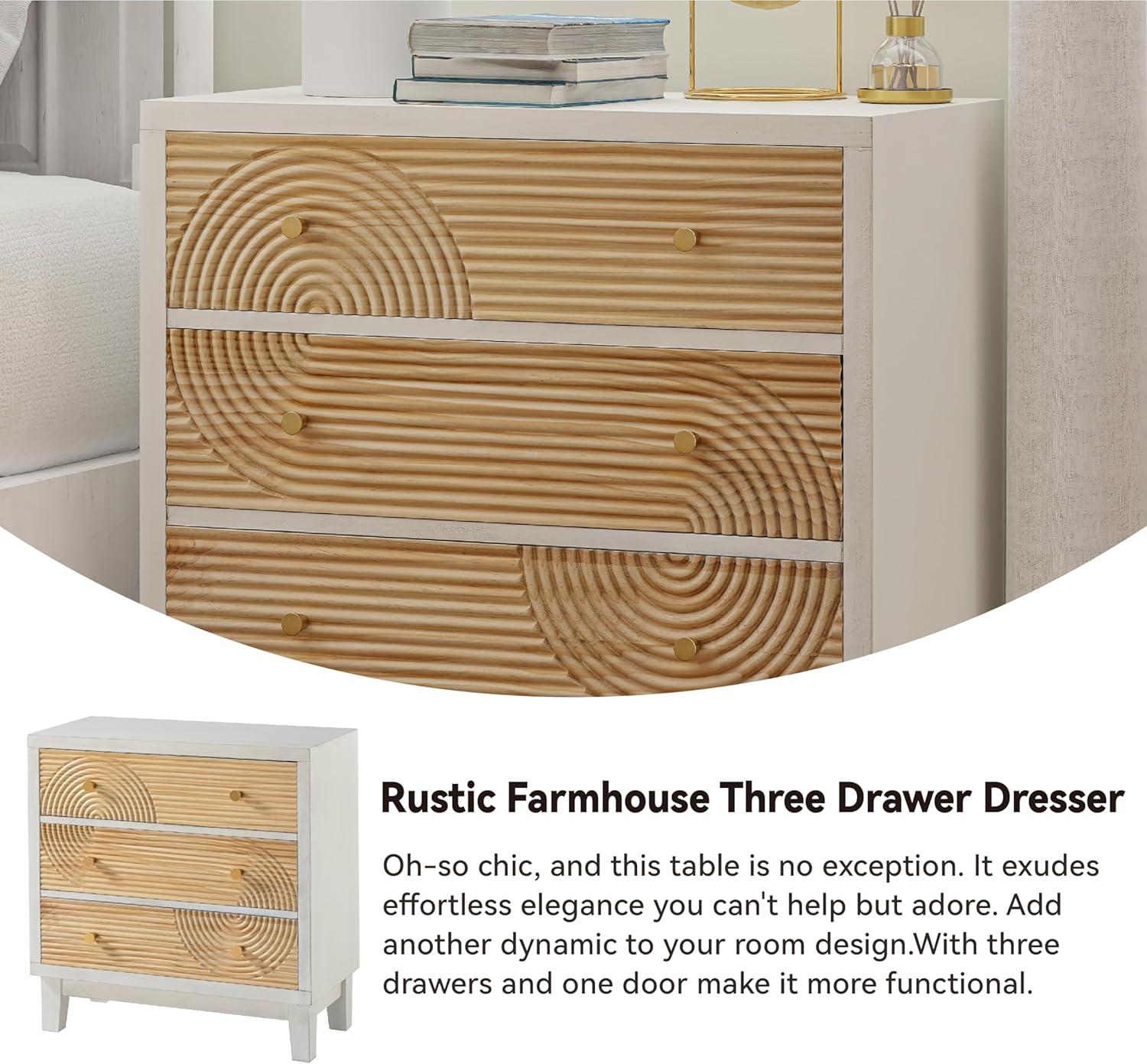 COZAYH 3-Drawer Farmhouse Dresser with Handicraft Wood Ring Motif, Fully Assembled Nightstand Wooden Finish for Boho, Mid-century, Rustic Style